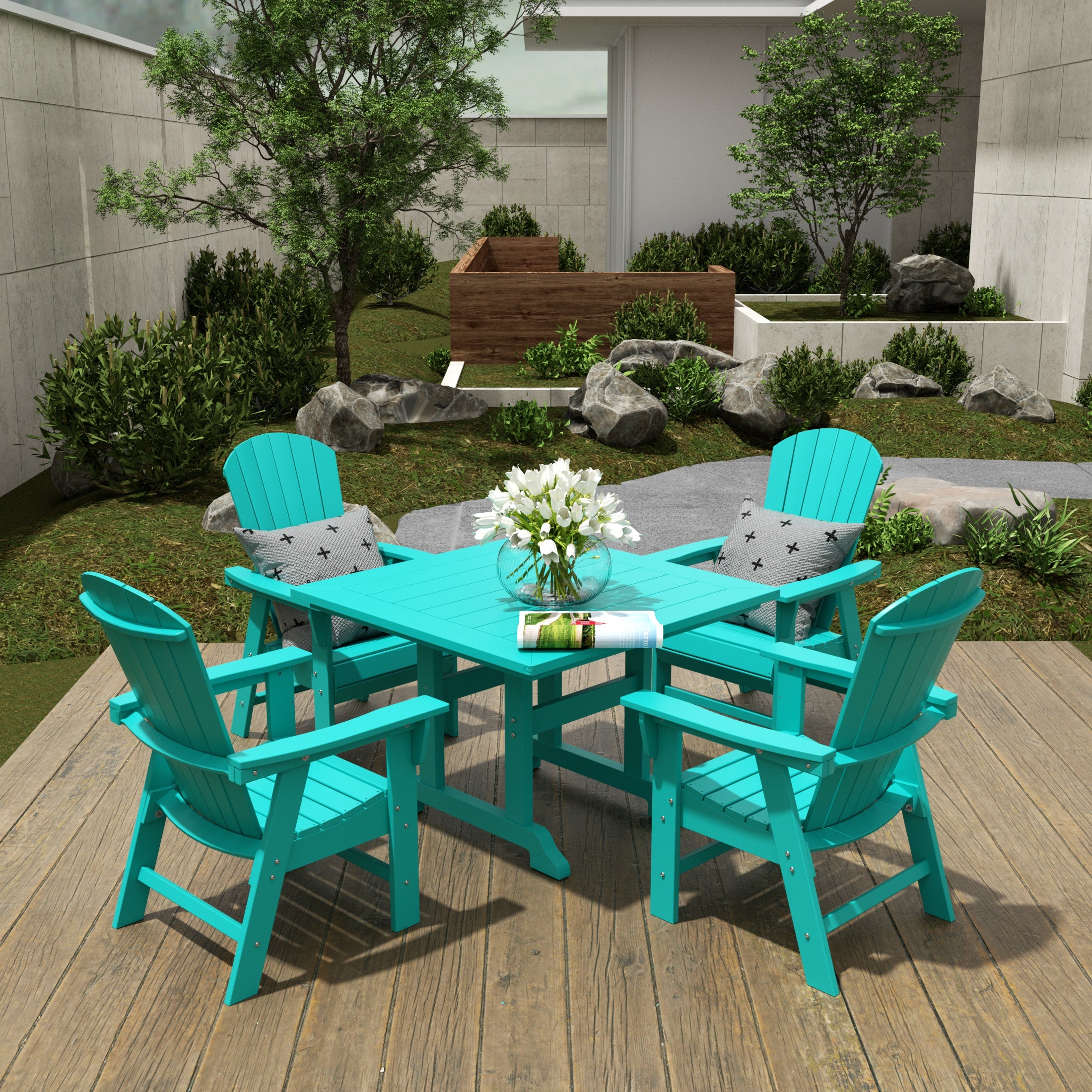 Portside 5 Piece Outdoor Patio Dining Square Table and Shell Back Armchair Set