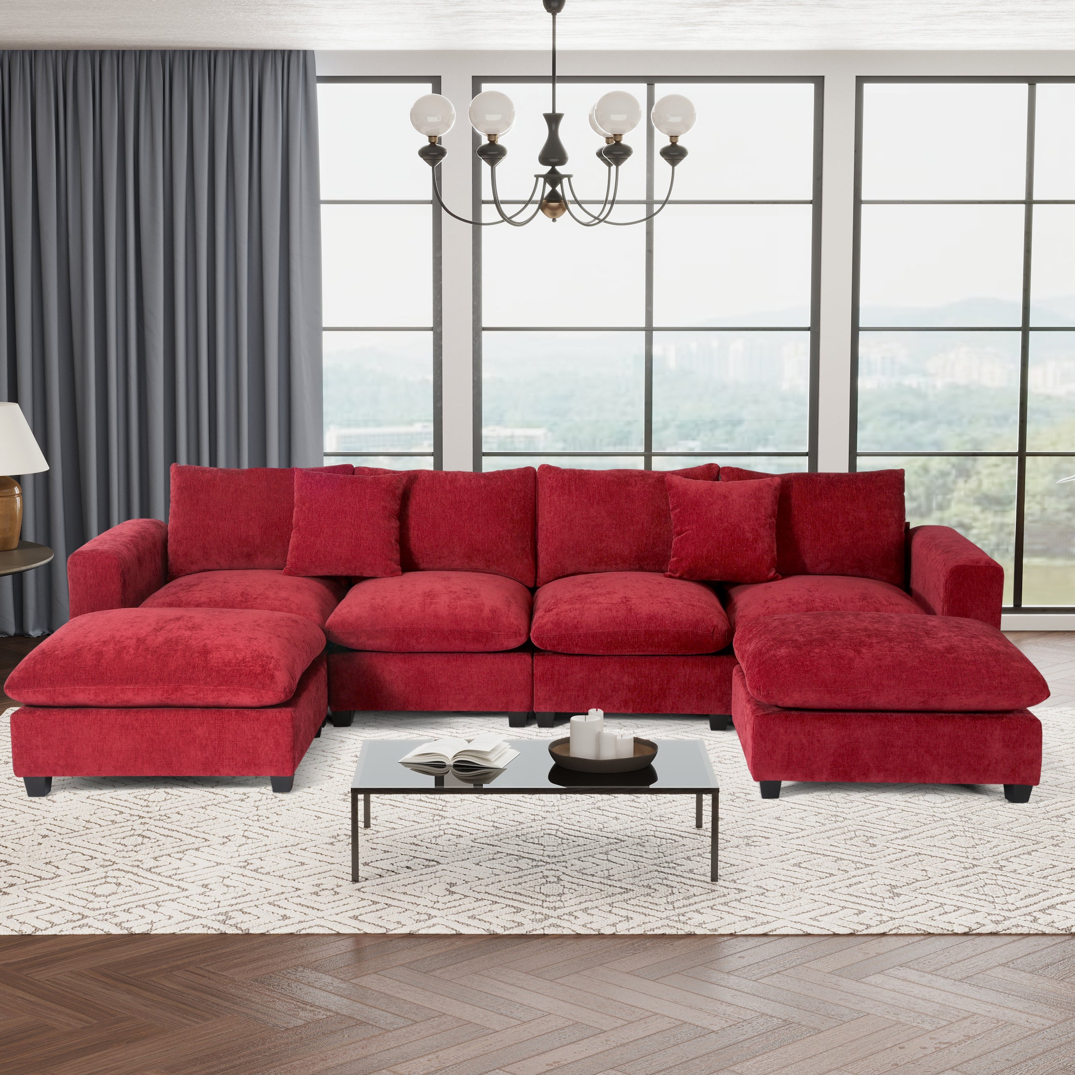 Springfield 128" Chenille Modular U-Shaped Sectional Couch and Chaise With USB/Type-C Ports and Side Pockets