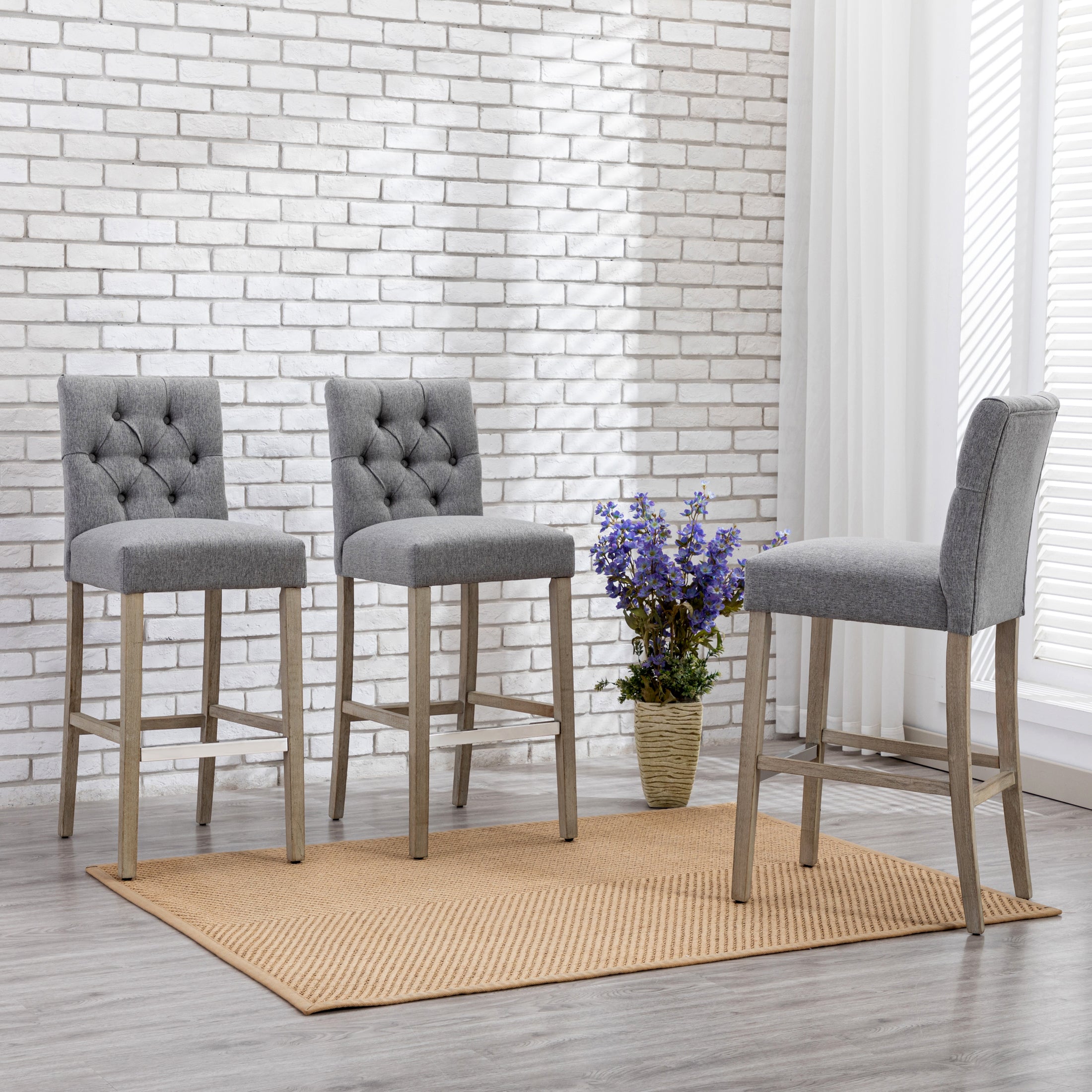 Bellmount 29" Upholstered Wood Bar Stool with Tufted Back (Set of 3)