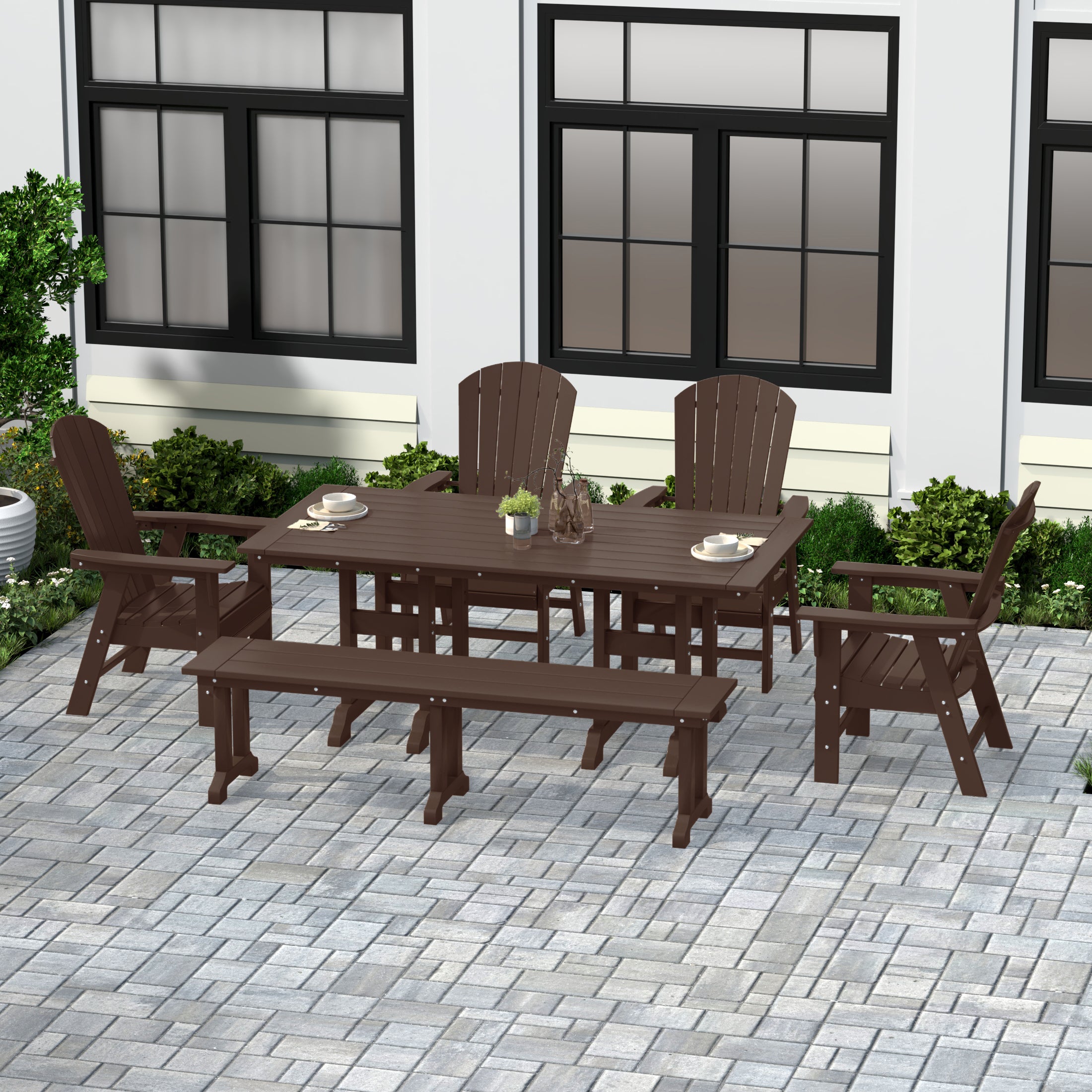 Portside 6 Piece Outdoor Patio Dining Table and Armchair Dining Bench Set