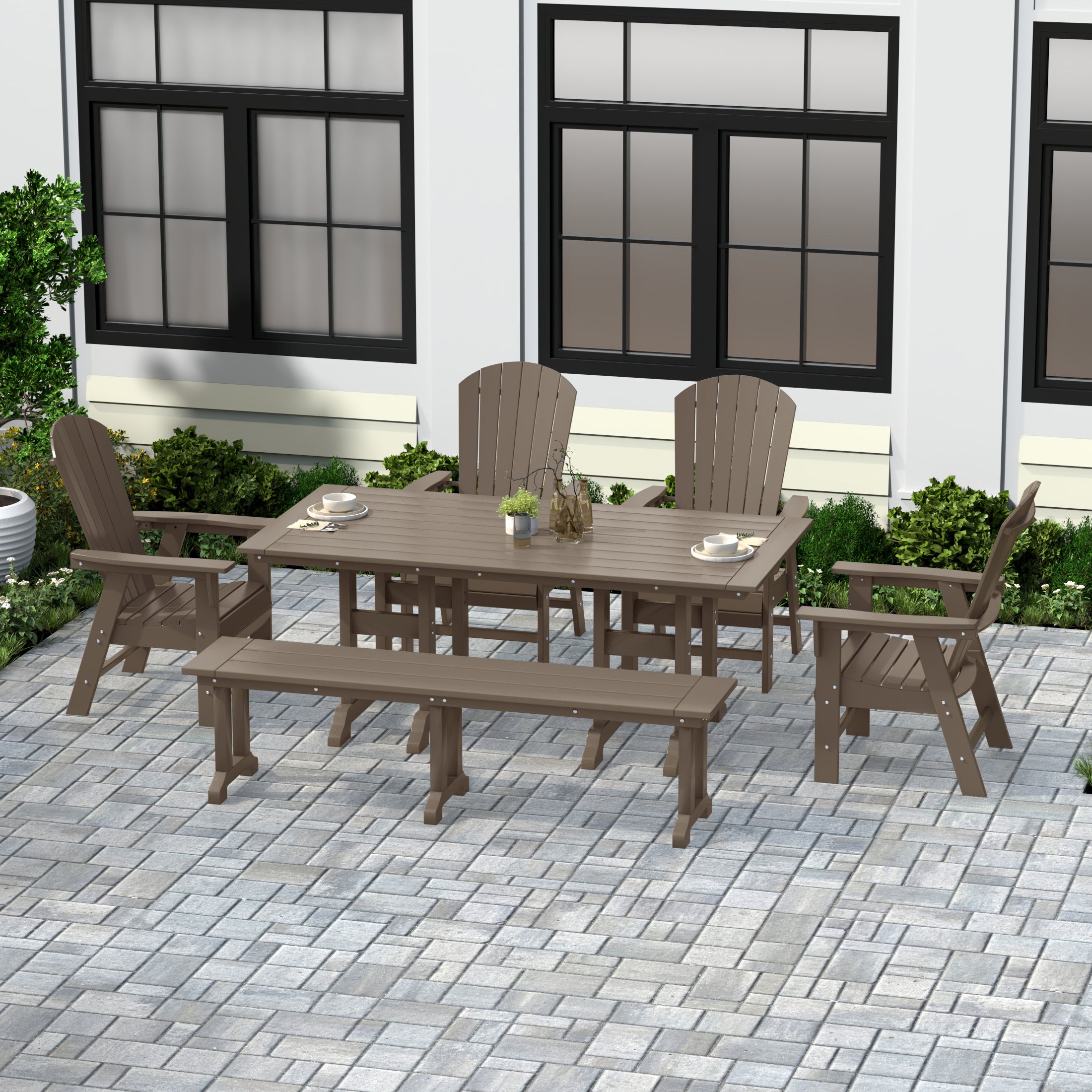 Portside 6 Piece Outdoor Patio Dining Table and Armchair Dining Bench Set