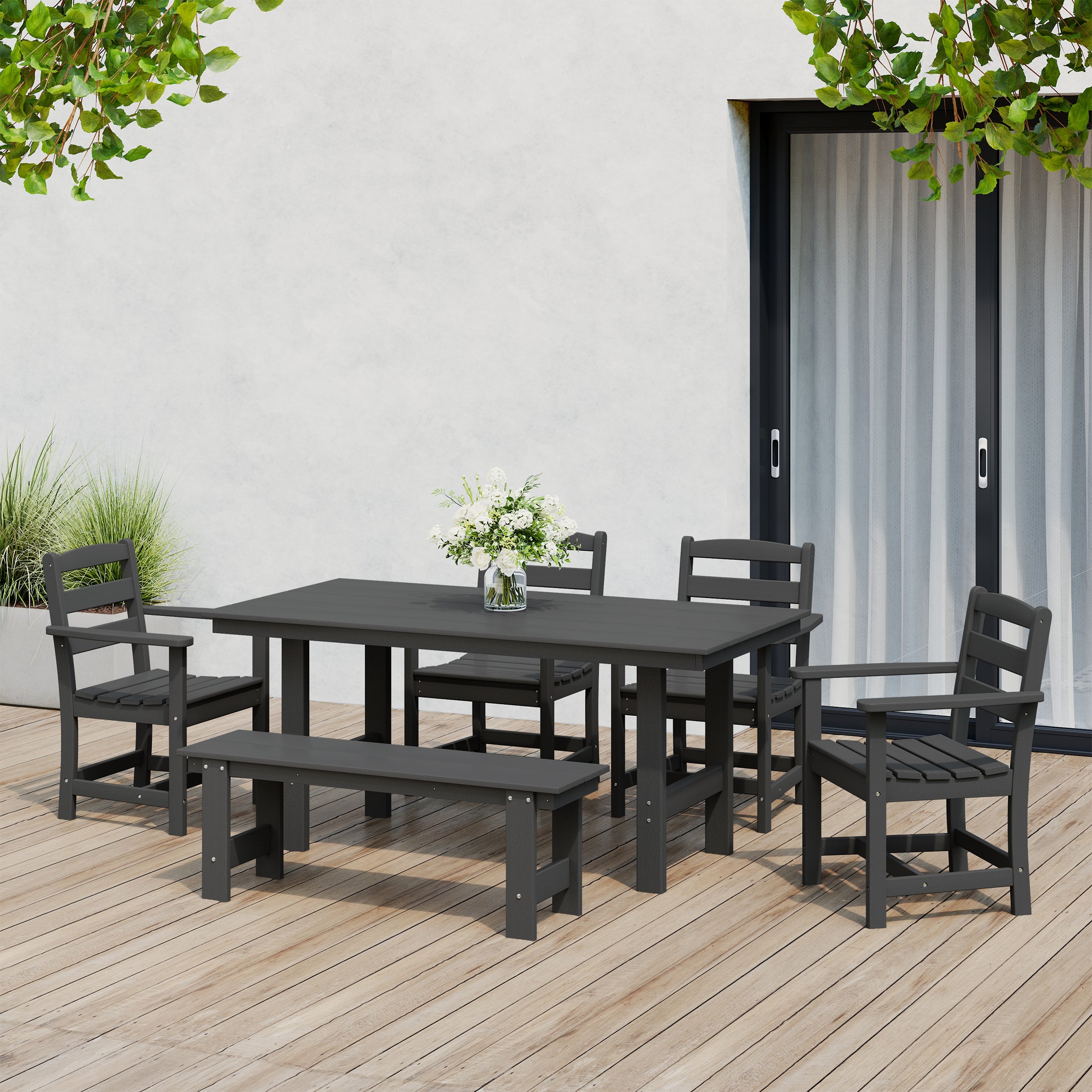 Palms 6-Piece Outdoor HDPE Patio Dining Table Set with Bench
