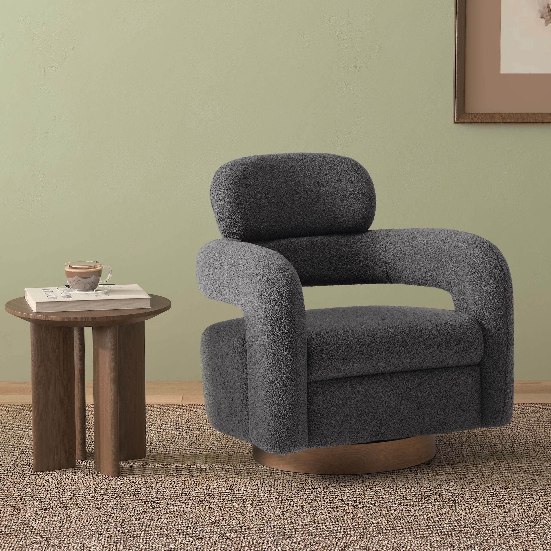Celine Mid-Century Modern Sherpa Swivel Barrel Accent Chair
