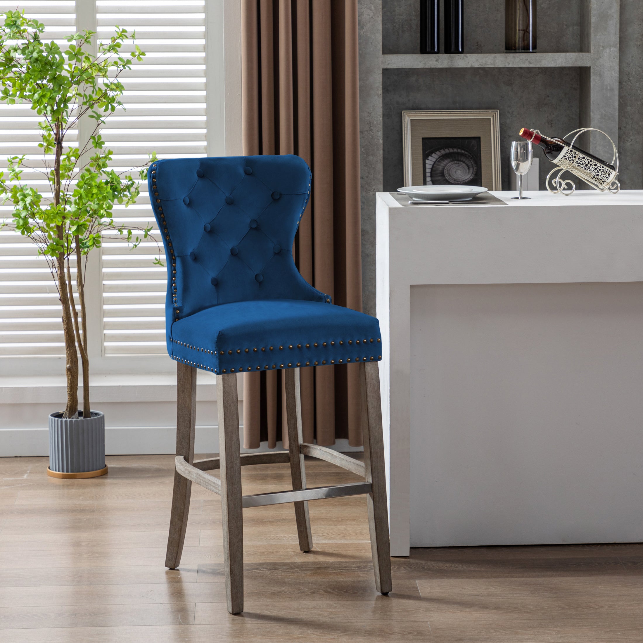 Hank 29" Tufted Velvet Bar Stool, Antique Gray