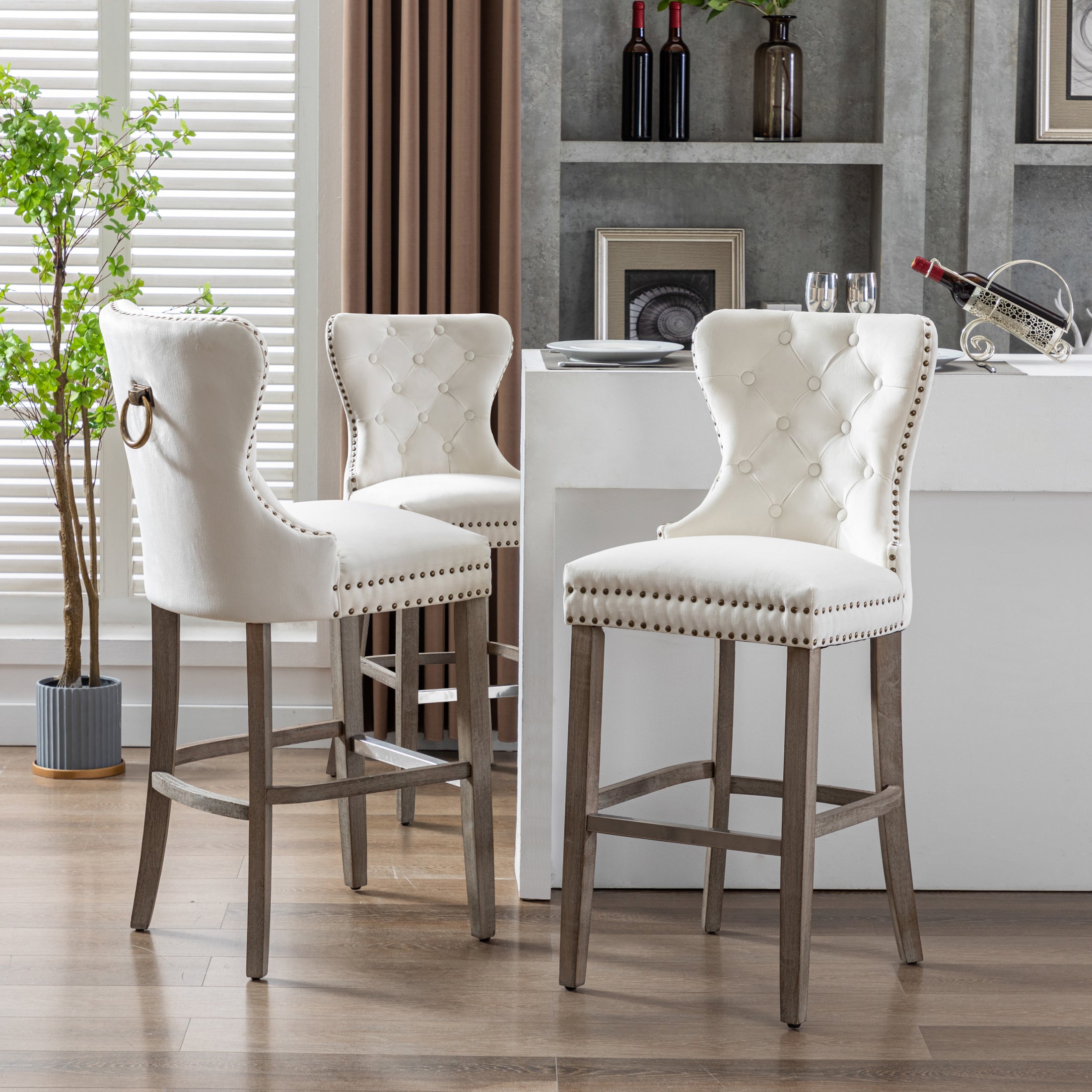 Hank 29" Tufted Velvet Bar Stool (Set of 3), Antique Gray