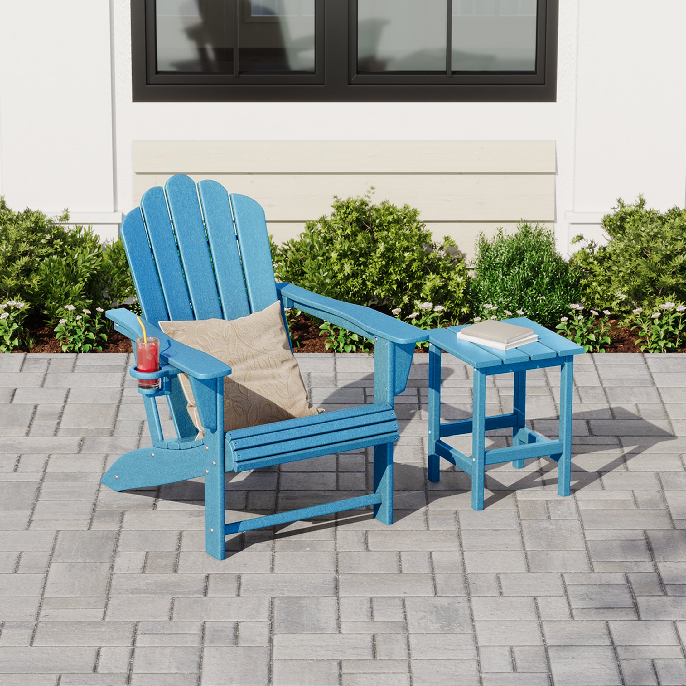Lakeview Outdoor Patio HDPE Adirondack Chair With Cup Holder and Table Set
