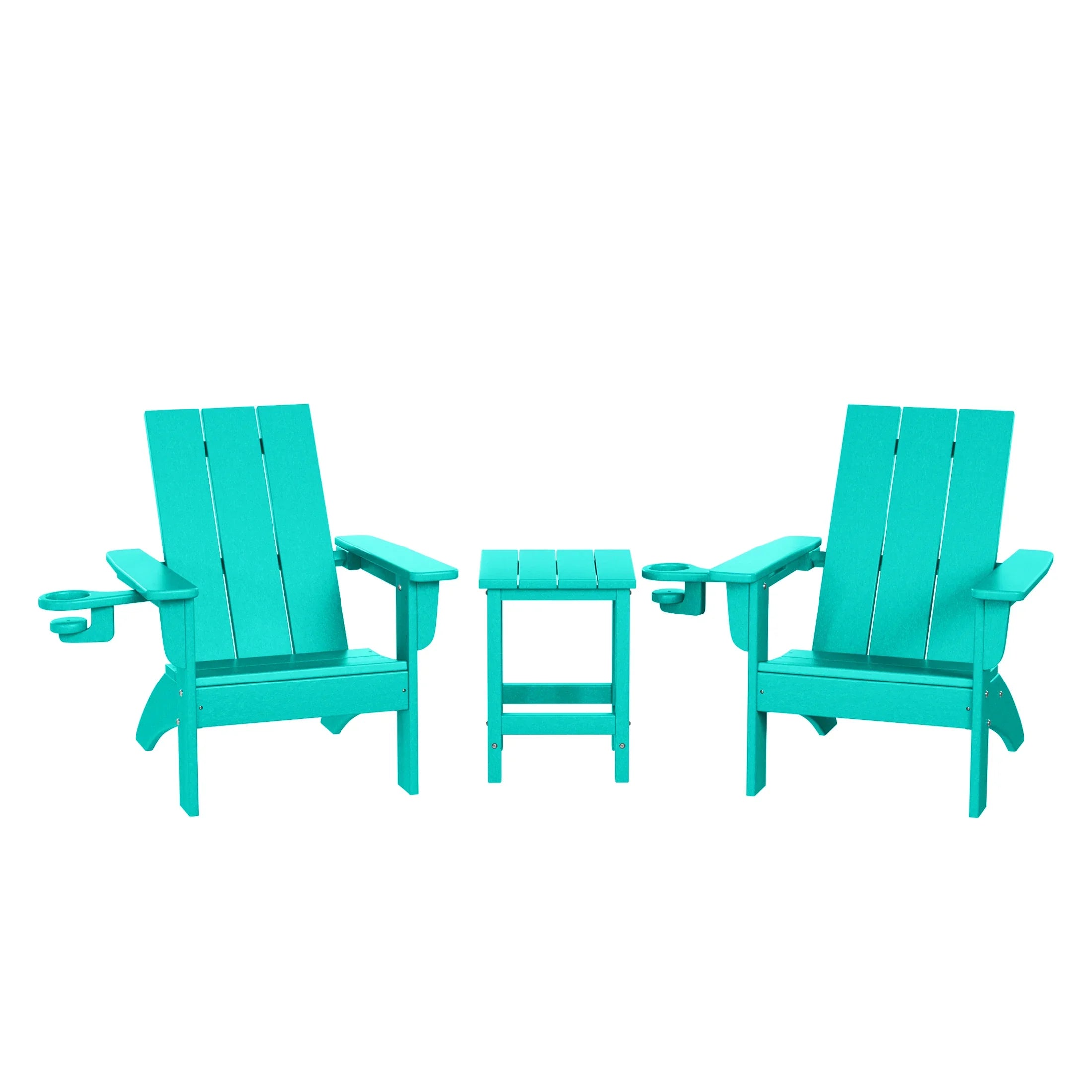Palms 3-Piece Kids HDPE Modern Adirondack Chairs Set with Square Side Table and Cup Holders