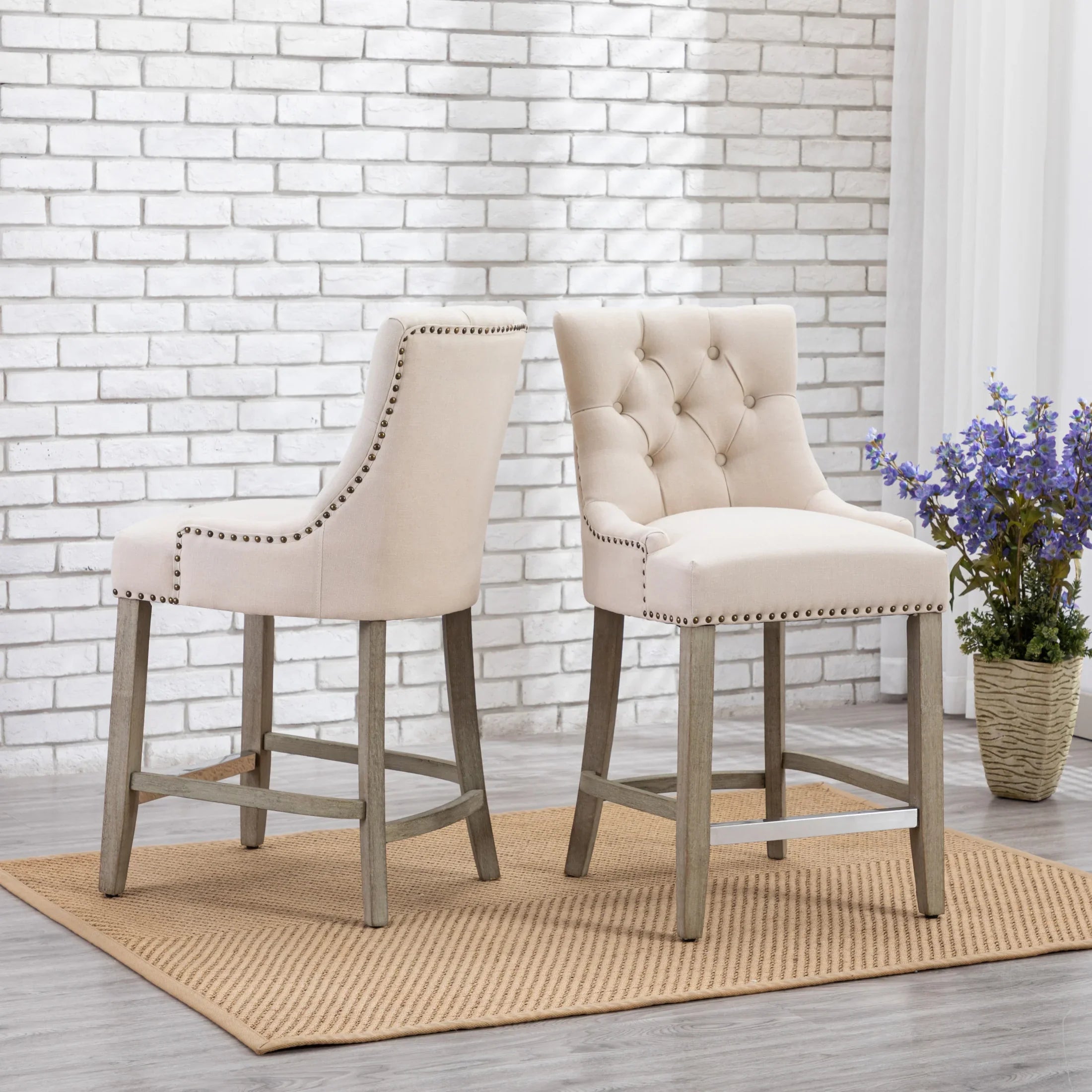 Bellmount 24" Upholstered Wood Bar Stool with Tufted Back (Set of 2)