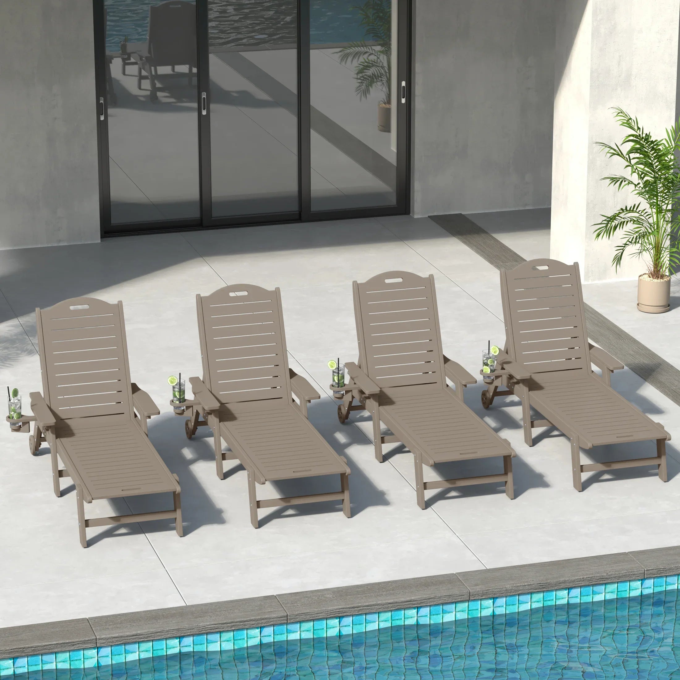 Lago Outdoor HDPE Patio Chaise Lounges With Wheels & Cup Holder (Set of 4)