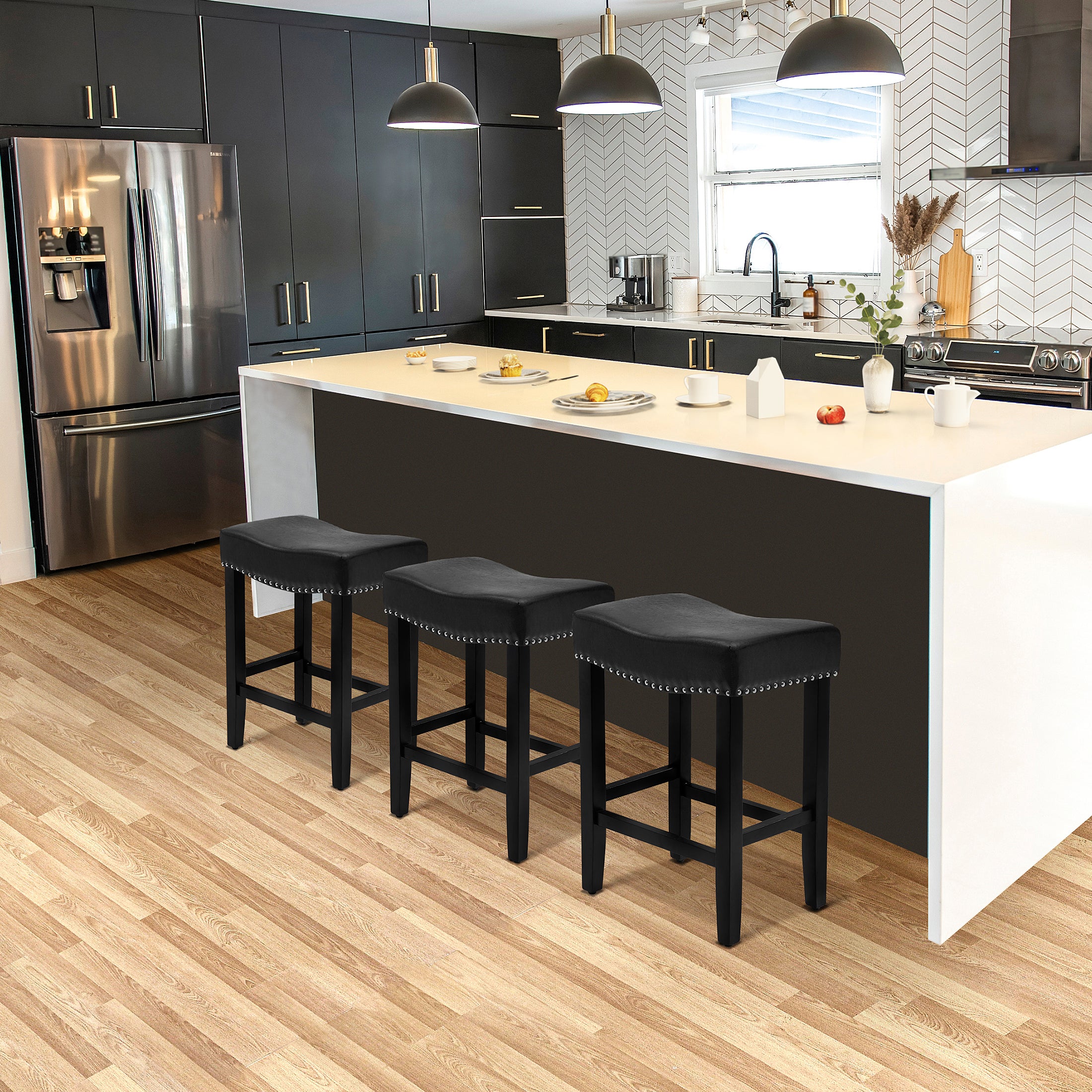 Bulmon 24" Upholstered Saddle Seat Black Counter Stool (Set of 3)