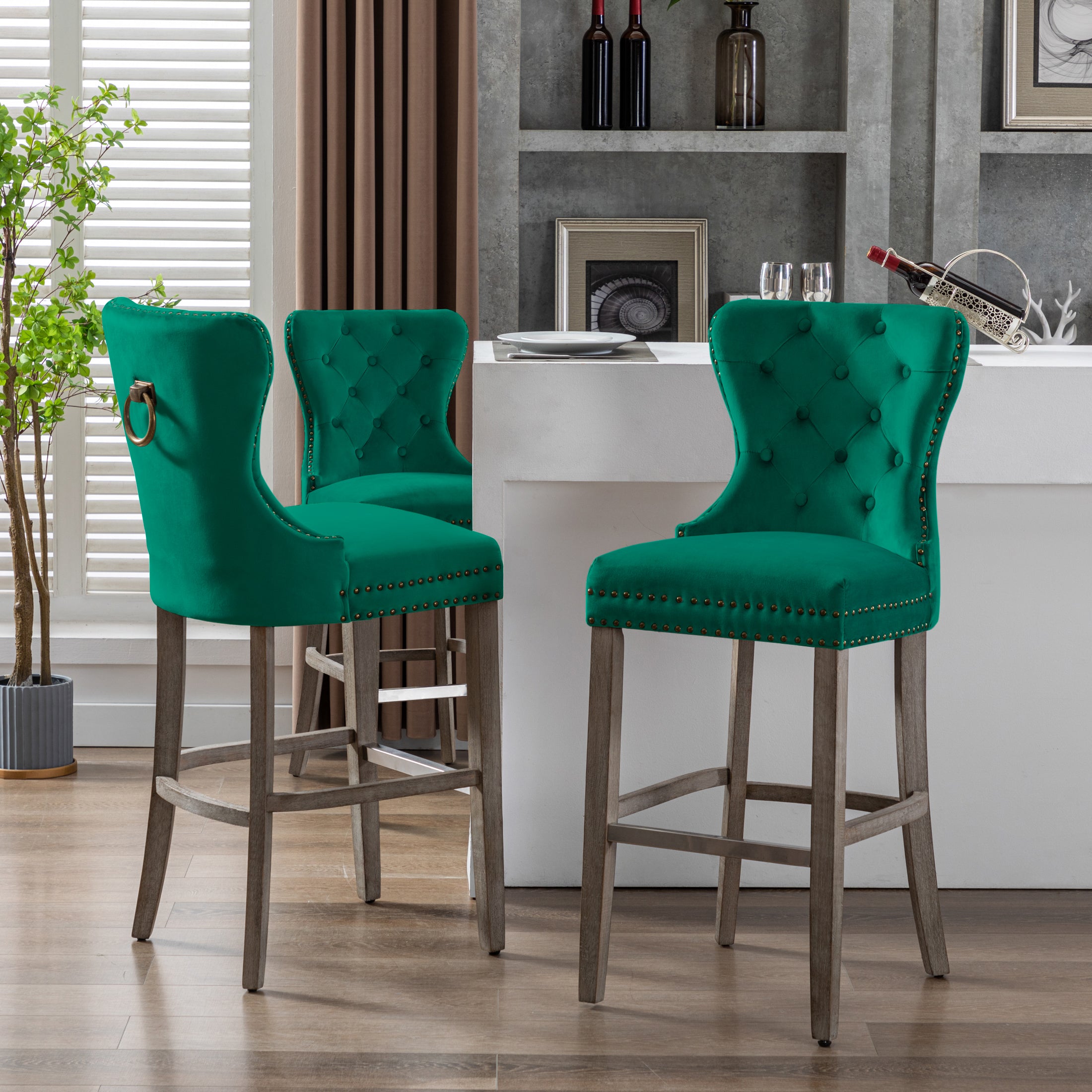 Hank 29" Tufted Velvet Bar Stool (Set of 3), Antique Gray