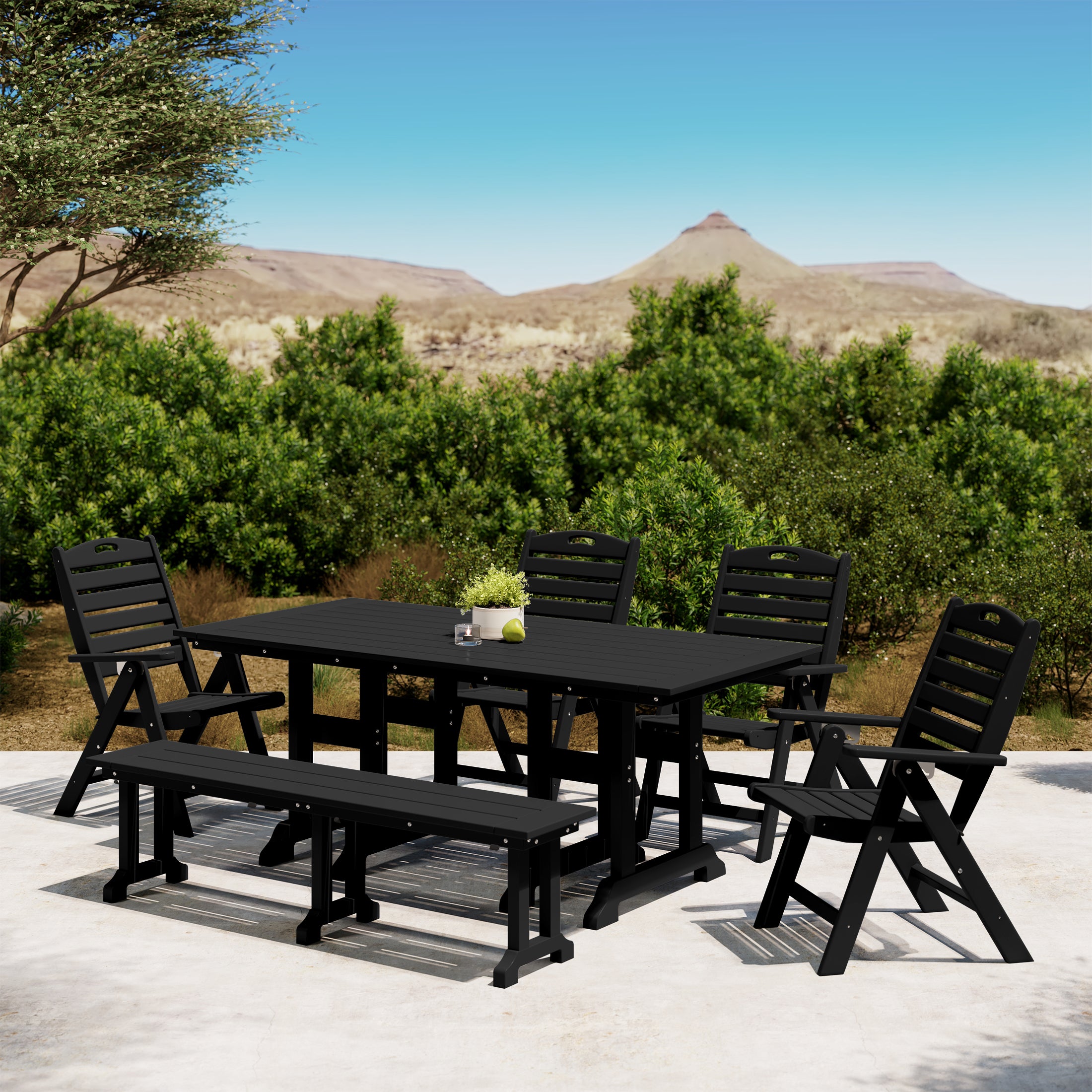 Paradise 6-Piece HDPE Rectangular Patio Dining Table Set with Foldable Chairs and Patio Bench