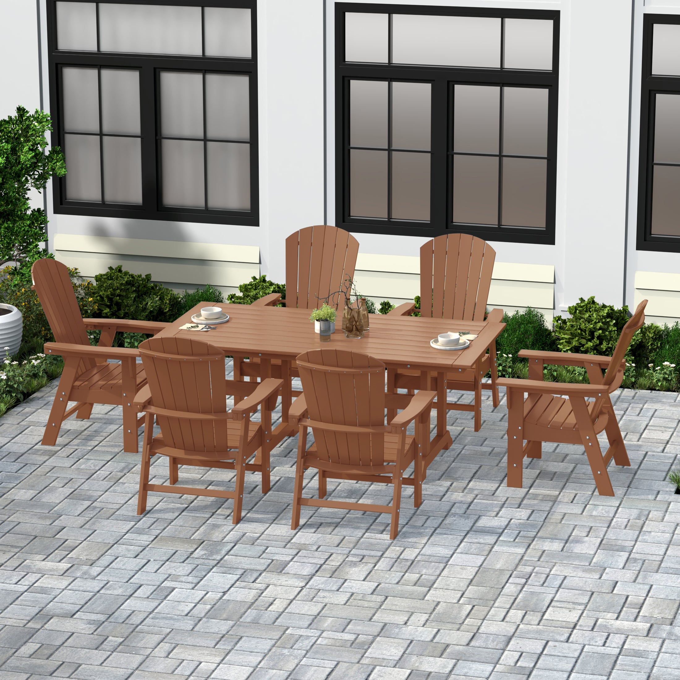 Portside 7 Piece Outdoor Patio Dining Table and Adirondack Armchair Set