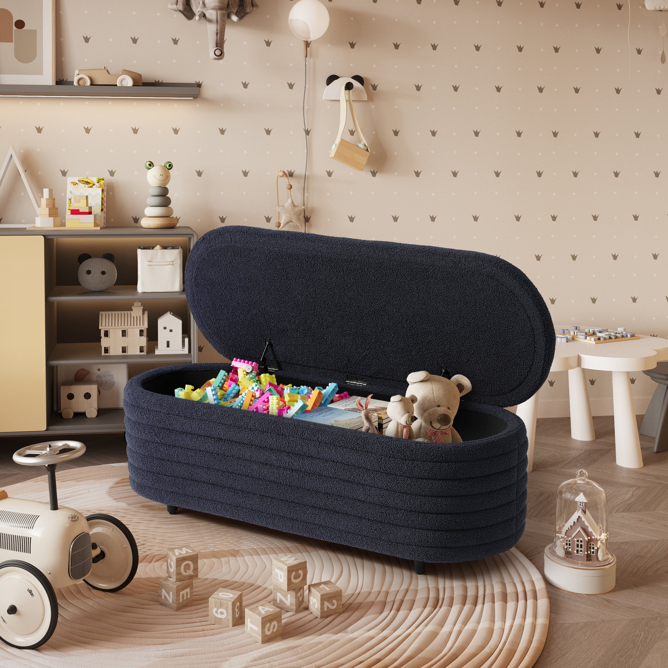 Celine 54" Wide Mid-Century Modern Upholstered Teddy Sherpa Tufted Oval Storage Ottoman Bench