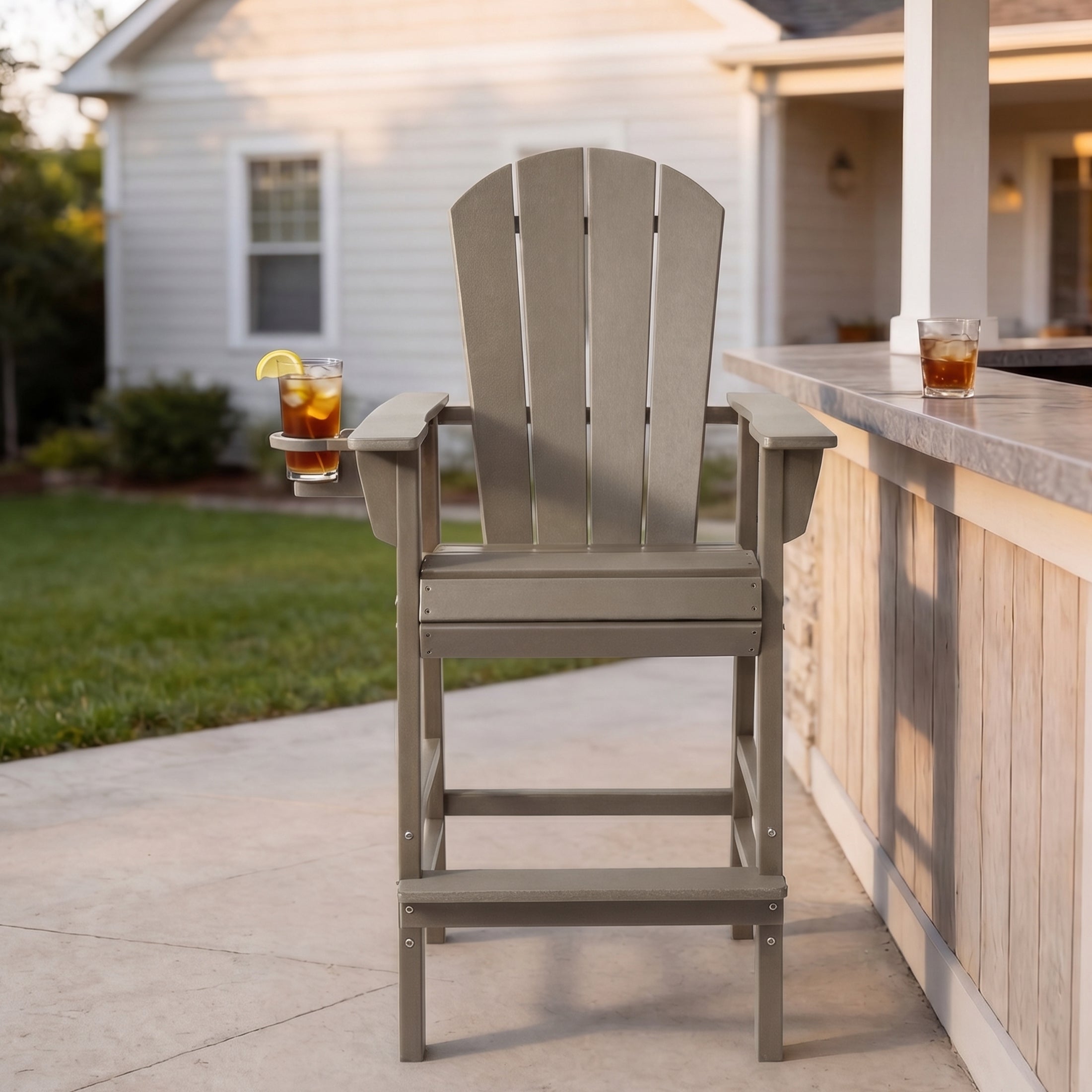 Paradise Outdoor HDPE Tall Adirondack Bar Height Chair With Cup Holder