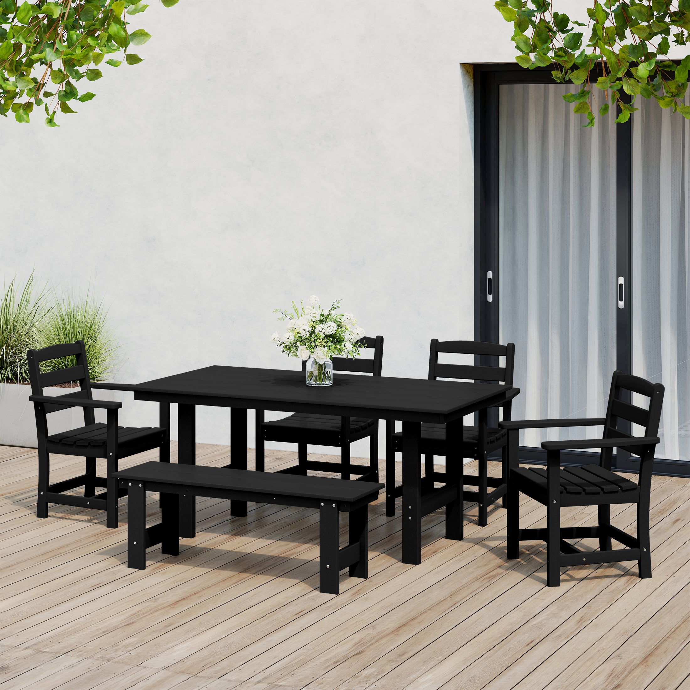 Palms 6-Piece Outdoor HDPE Patio Dining Table Set with Bench