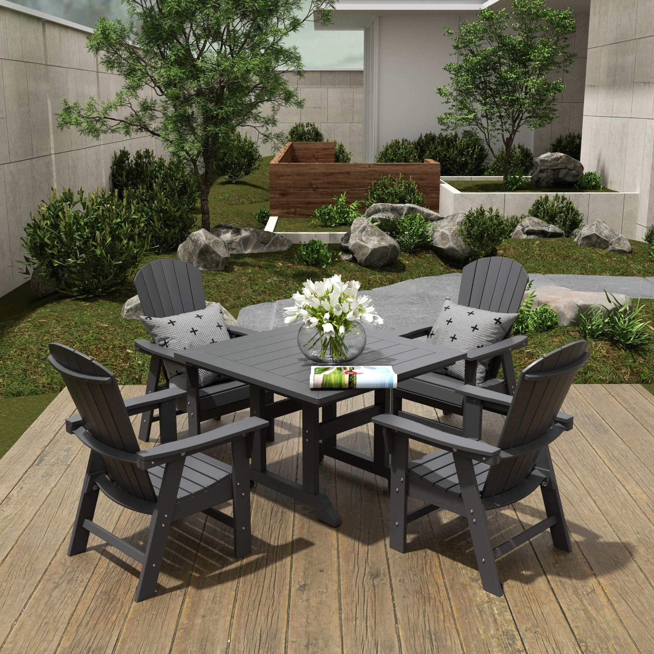 Portside 5 Piece Outdoor Patio Dining Square Table and Shell Back Armchair Set