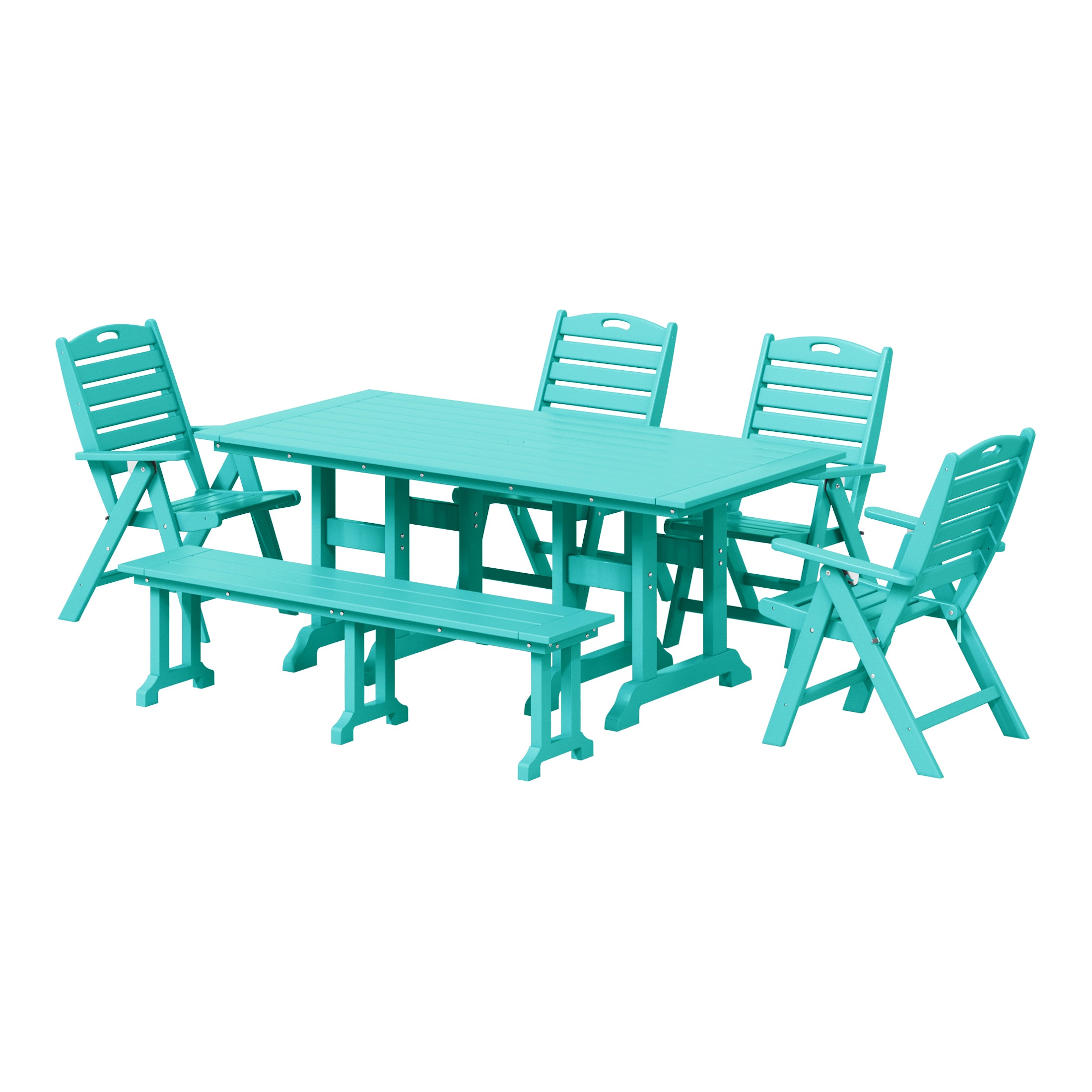 Paradise 6-Piece HDPE Rectangular Patio Dining Table Set with Foldable Chairs and Patio Bench