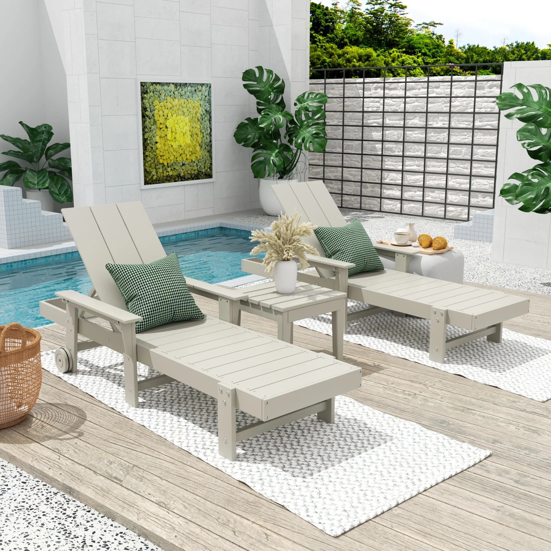 Palms Modern Poly Reclining Chaise Lounge Set with Side Table