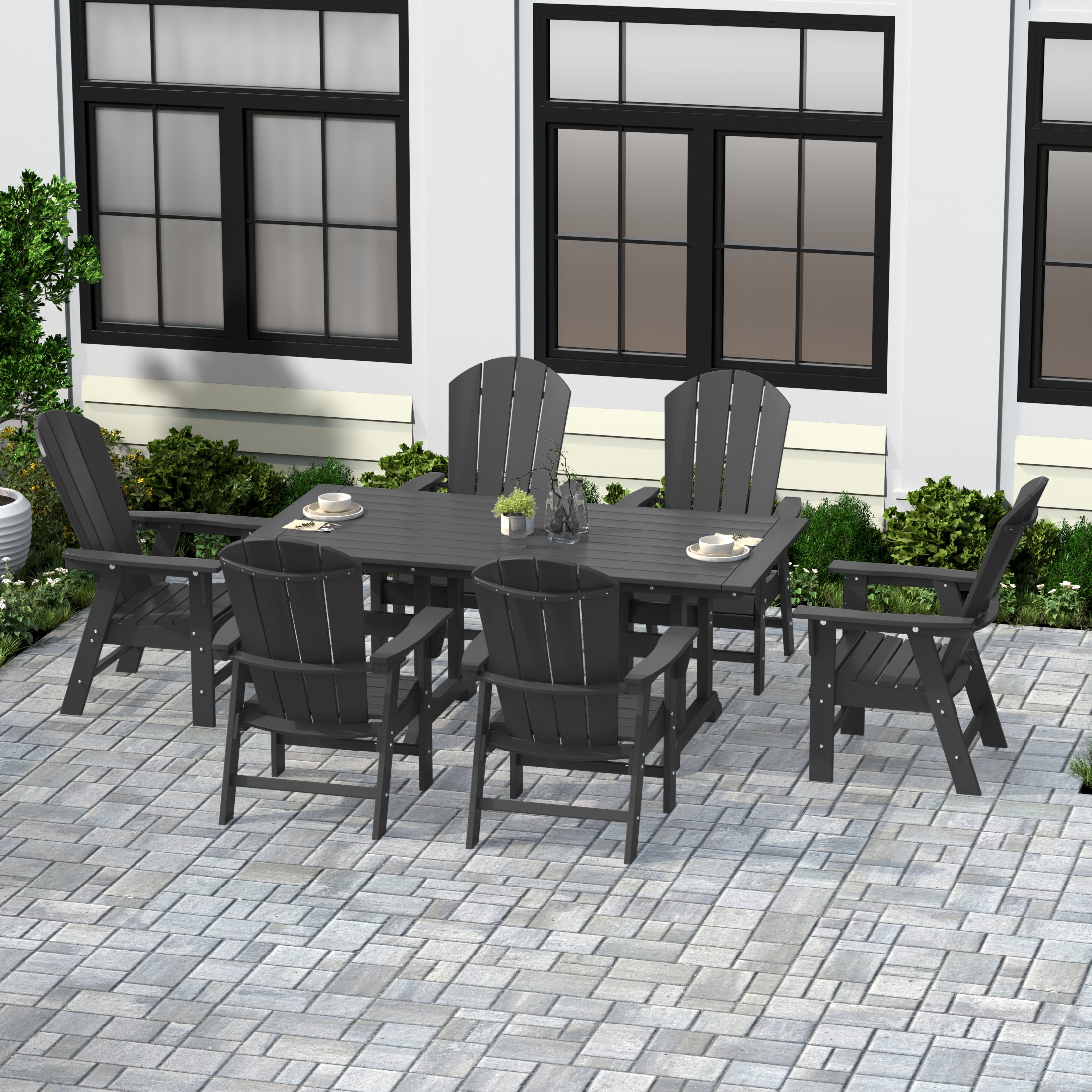 Paradise 7 Piece Outdoor Patio Dining Table and Adirondack Armchair Set