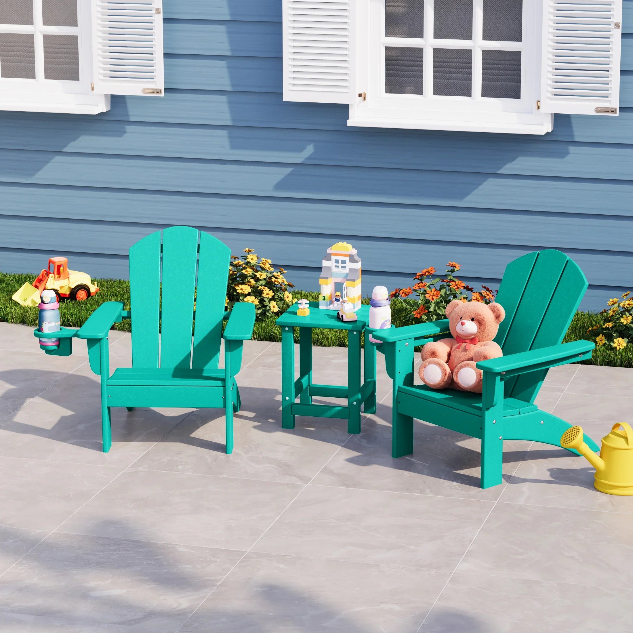 Paradise 3-Piece Kids HDPE Adirondack Chairs Set with Square Side Table and Cup Holders