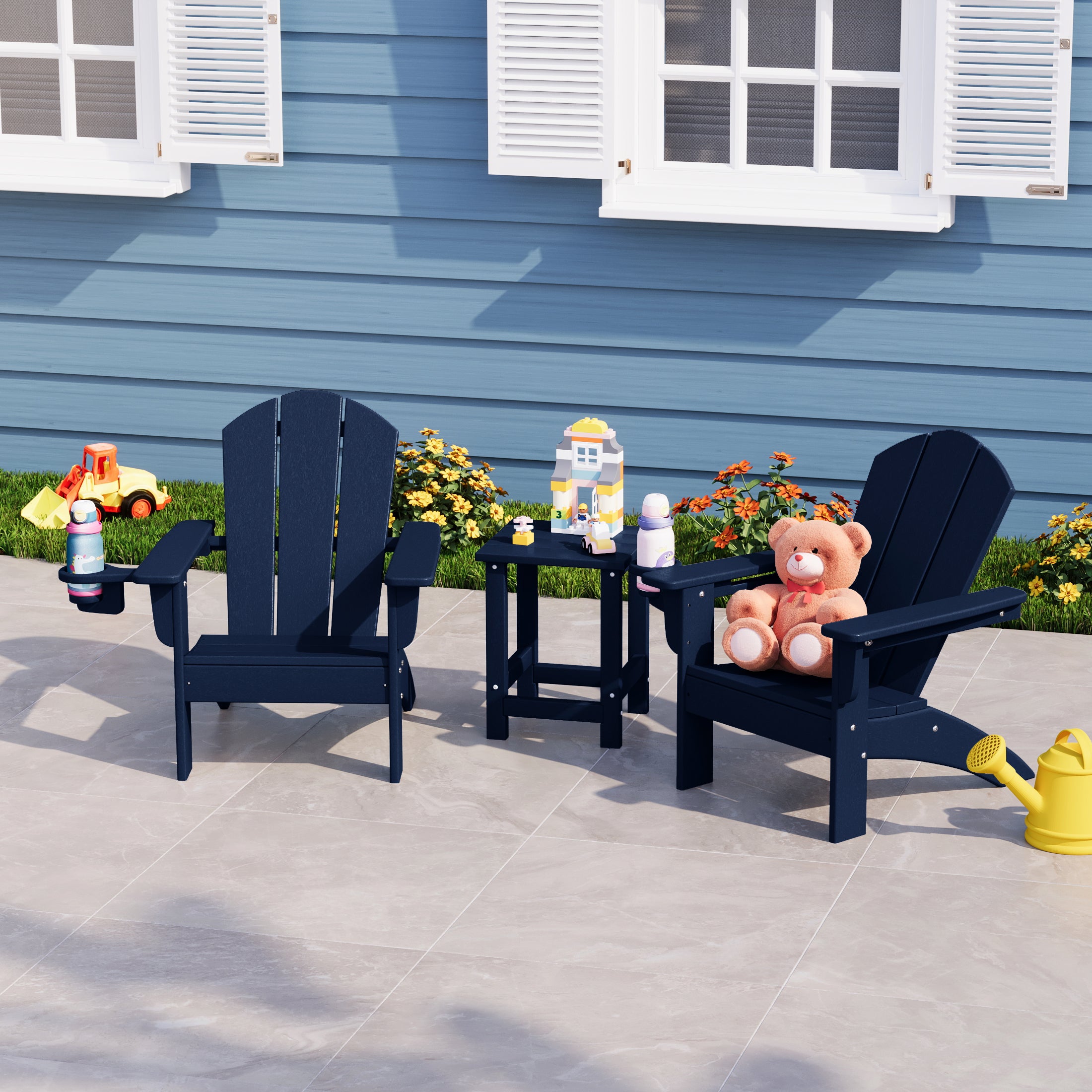 Paradise 3-Piece Kids HDPE Adirondack Chairs Set with Square Side Table and Cup Holders