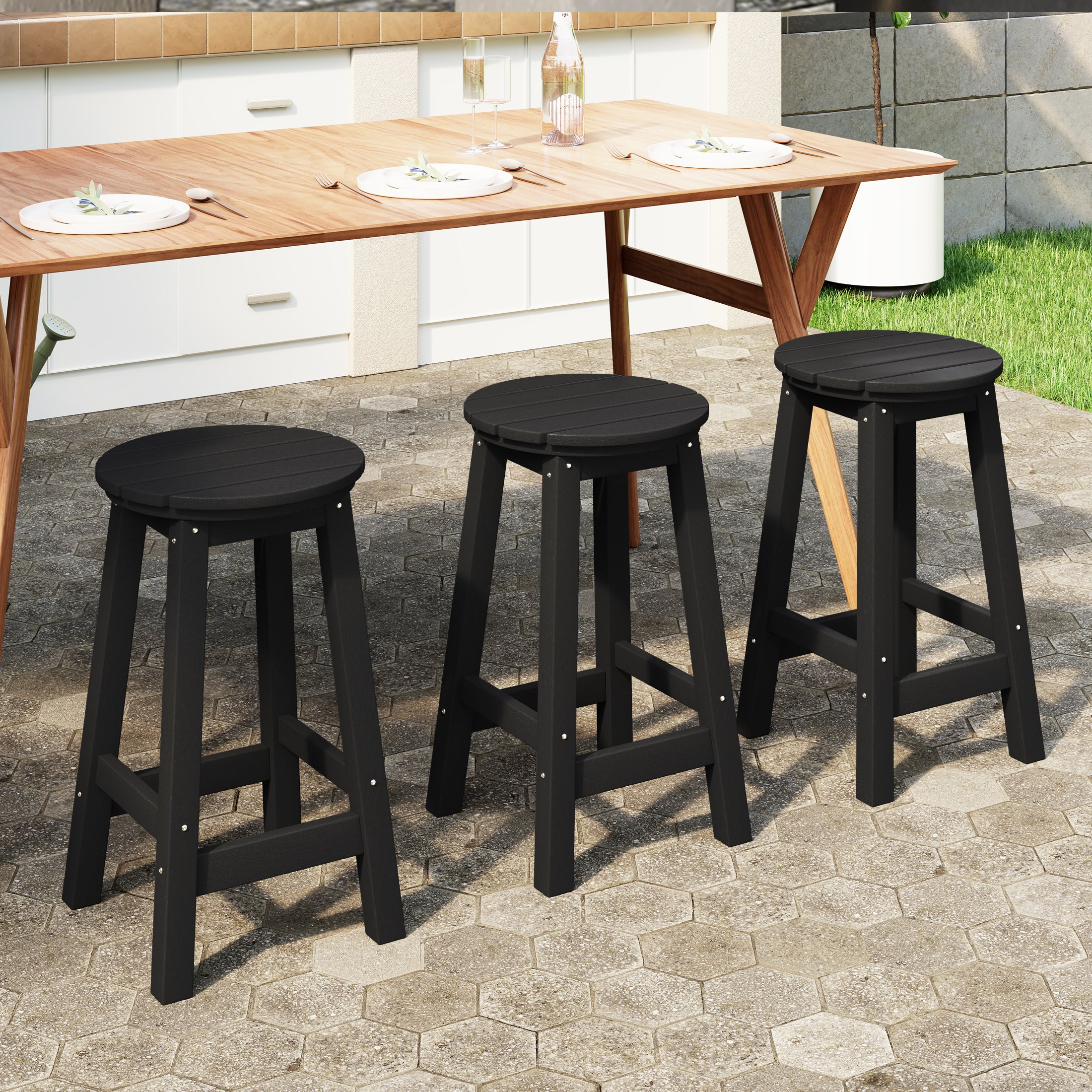 Paradise 24" HDPE Outdoor Patio Round Counter Height Bar Stool Set of 3