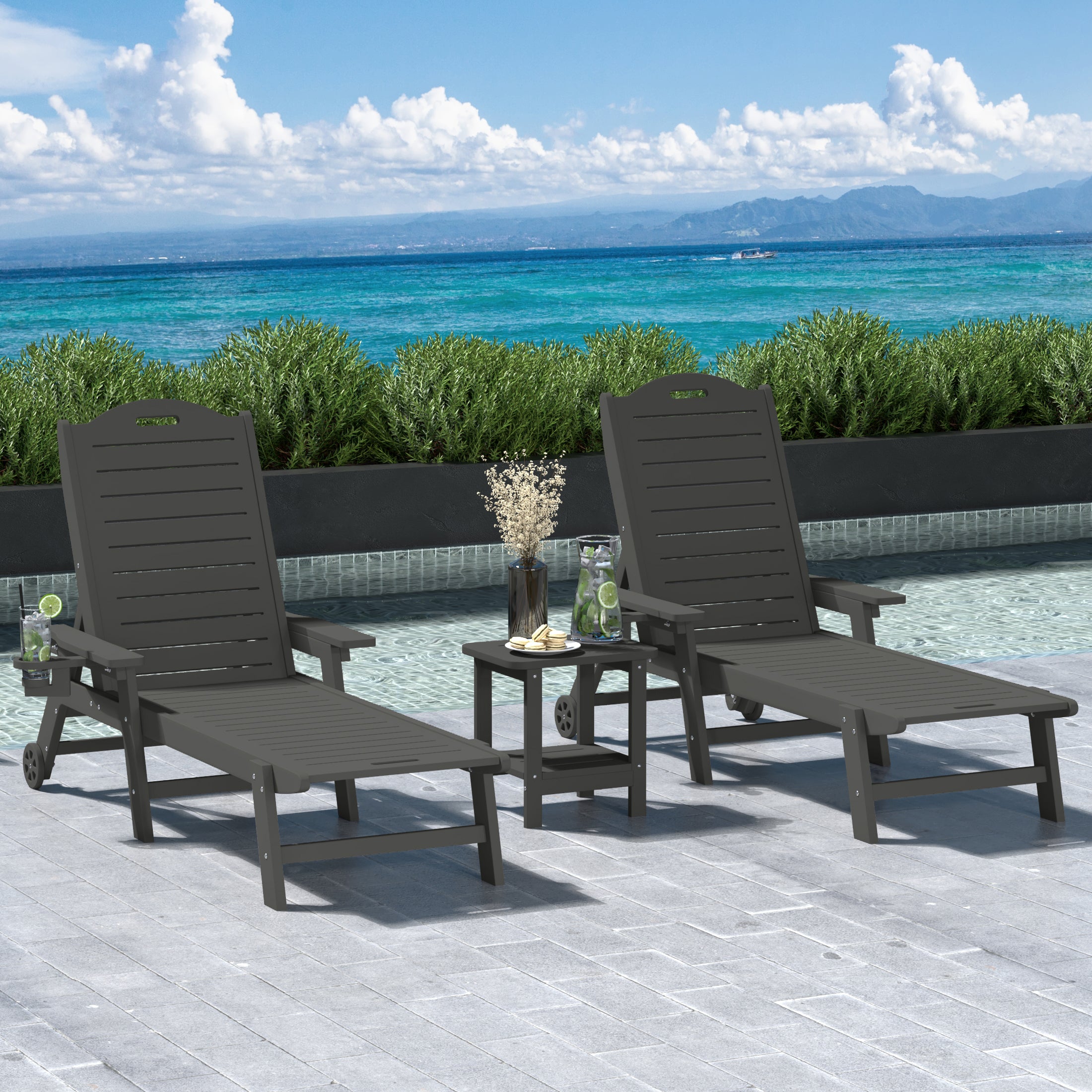 Lago 3-Piece Outdoor Patio Chaise Lounge Chair with Wheels & Cup Holder with Patio Side Table