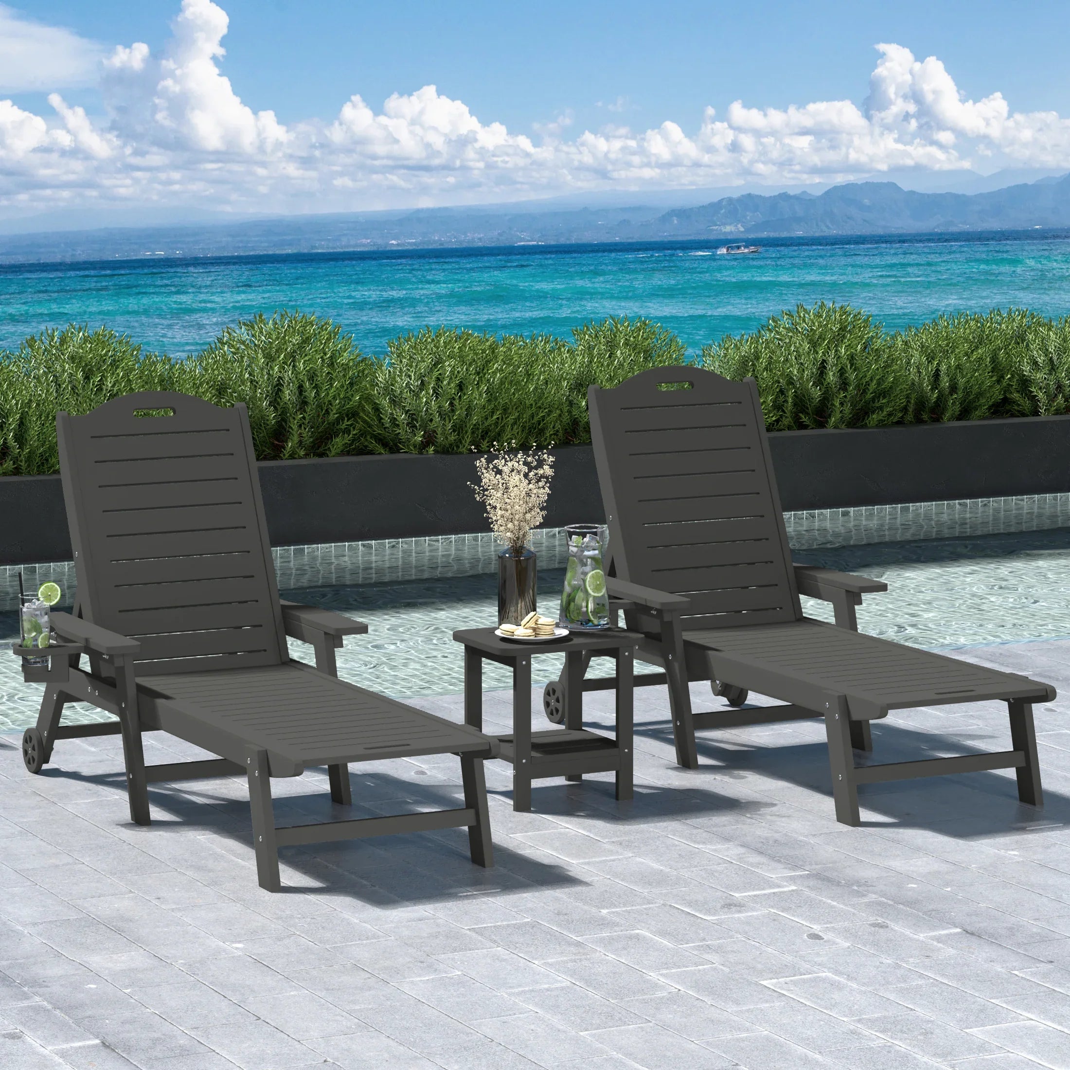 Lago 3-Piece Outdoor Patio Chaise Lounge Chair with Wheels & Cup Holder with Patio Side Table