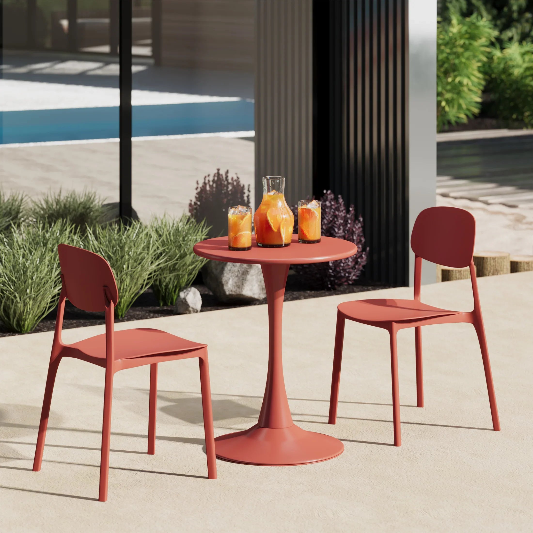 Sunshine 3-Piece Outdoor Round Metal Patio Dining Table Set With Stackable Resin Patio Side Chairs