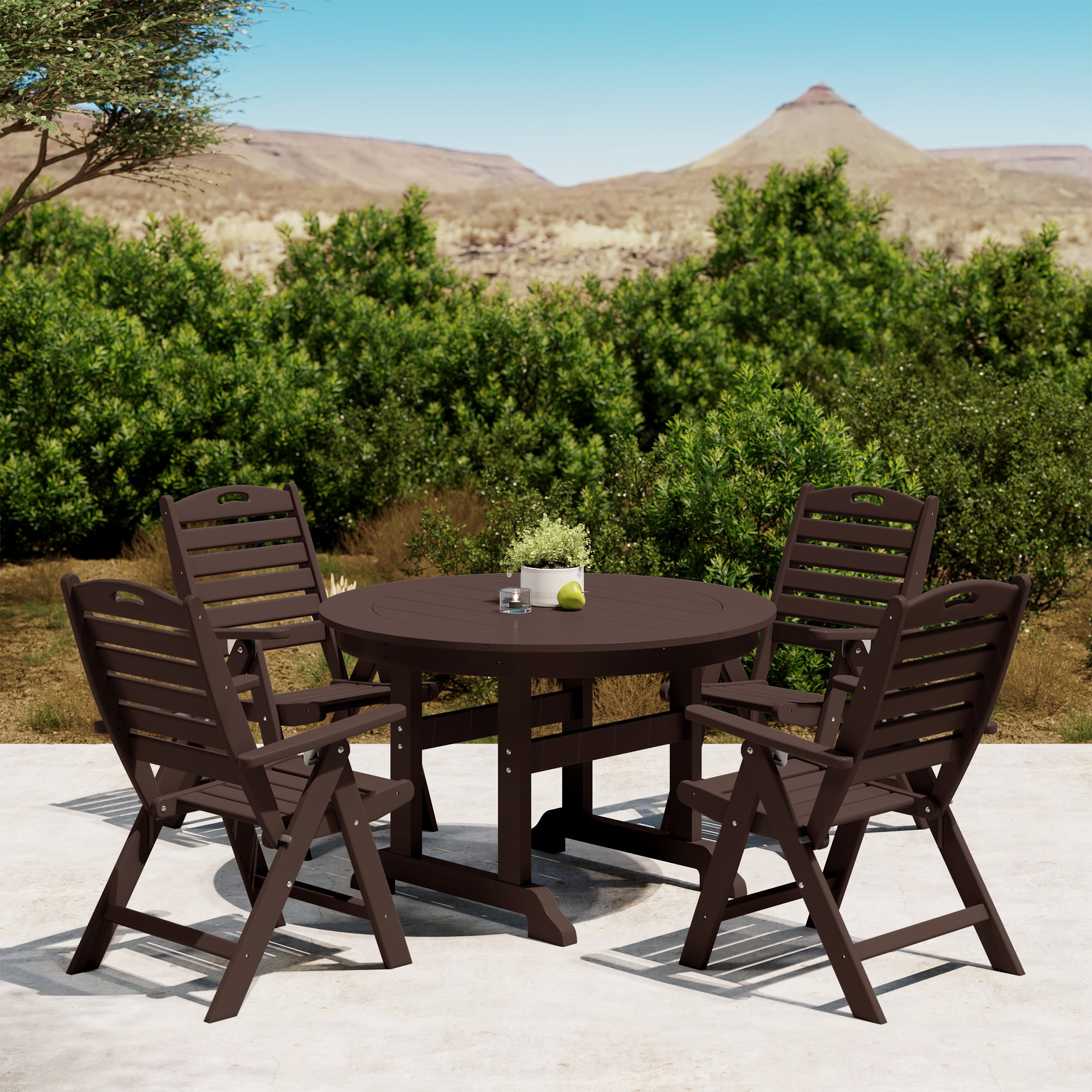 Paradise 5-Piece HDPE Round Patio Dining Table Set with Foldable Chairs