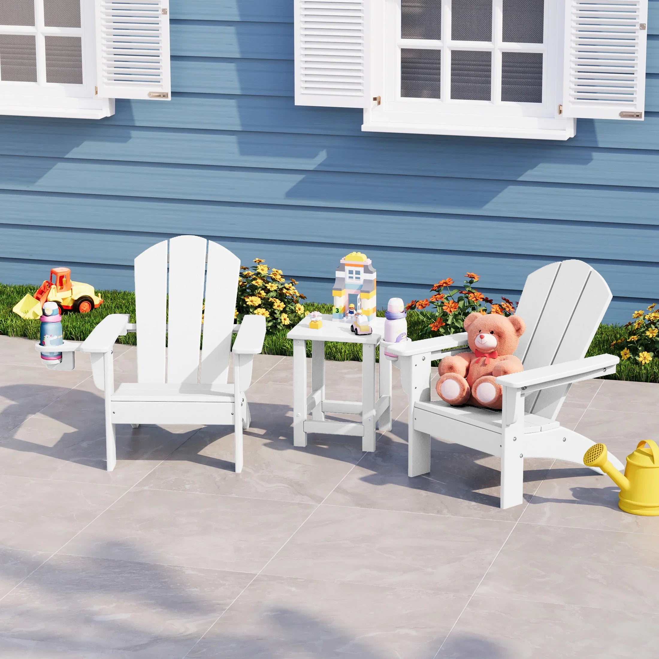 Paradise 3-Piece Kids HDPE Adirondack Chairs Set with Square Side Table and Cup Holders
