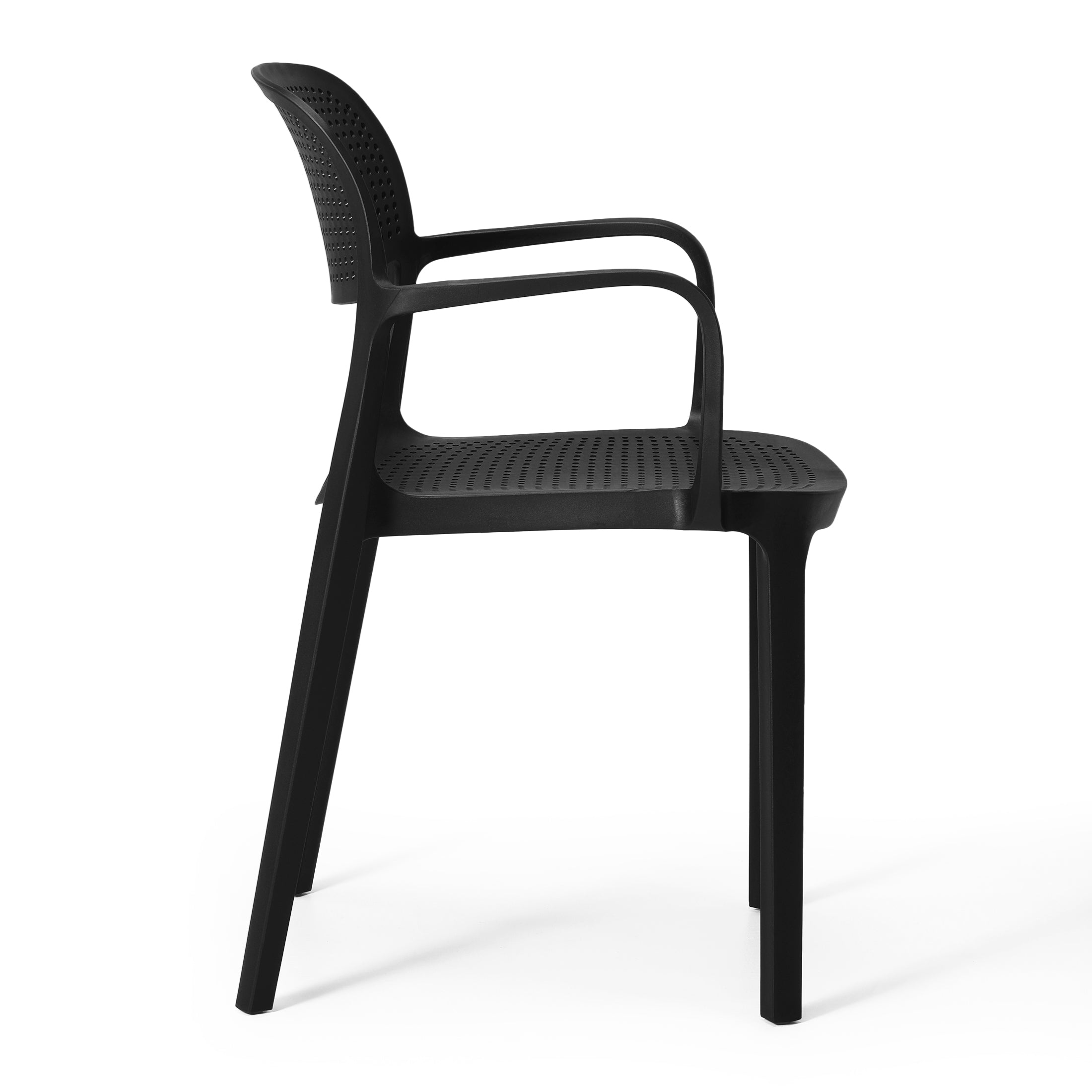 Sunshine 3-Piece Round Metal Bistro Dining Table Set And Stackable Resin Patio Dining Arm Chairs