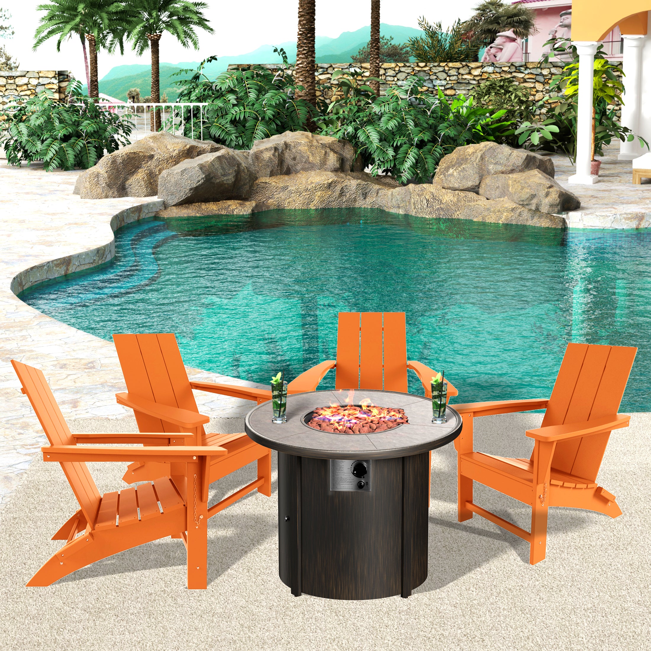 Palms Modern Folding Poly Adirondack Chair With Round Fire Pit Table