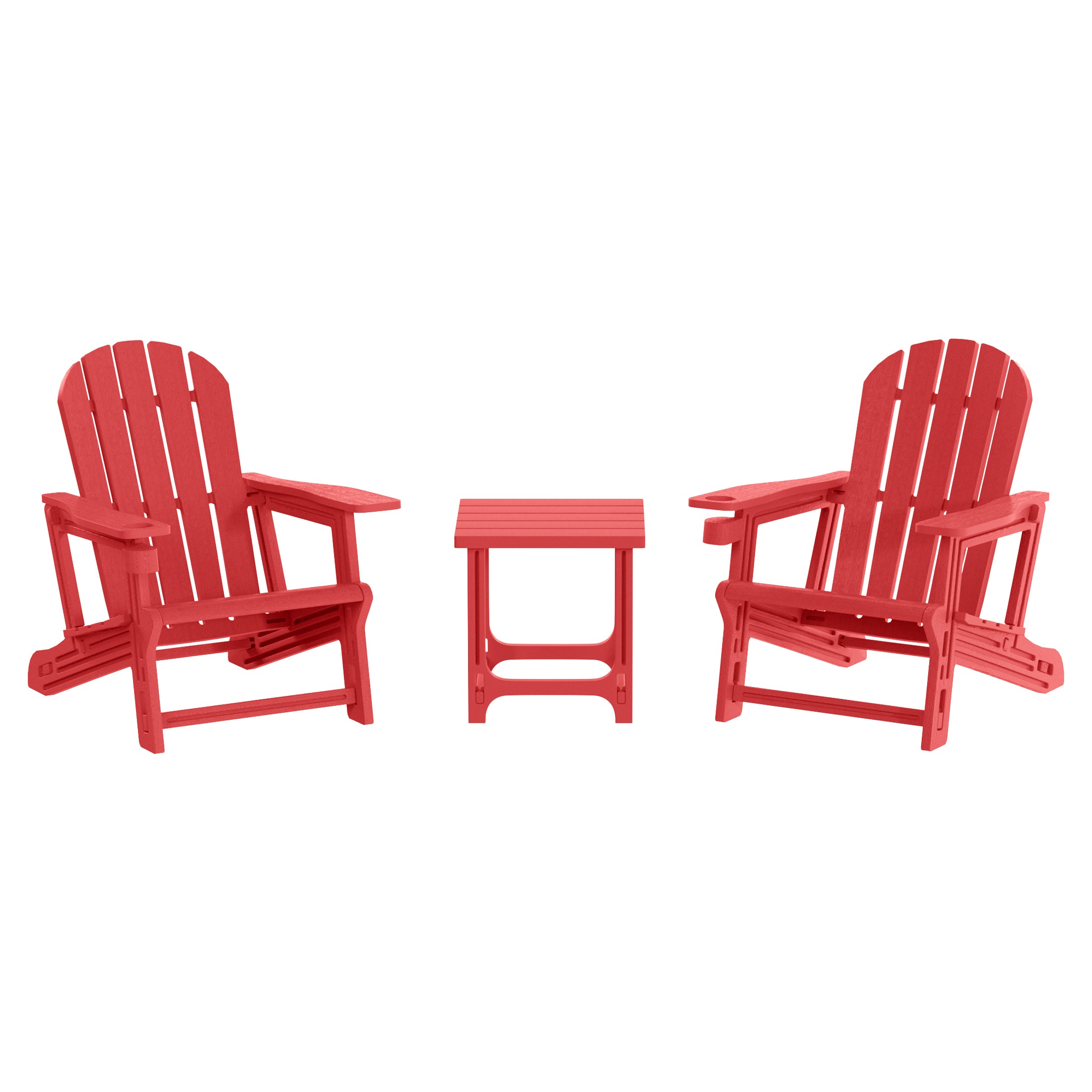 Cayman 3-Piece HDPE Plastic Adirondack Patio Chairs With 18" Square Side Table Set