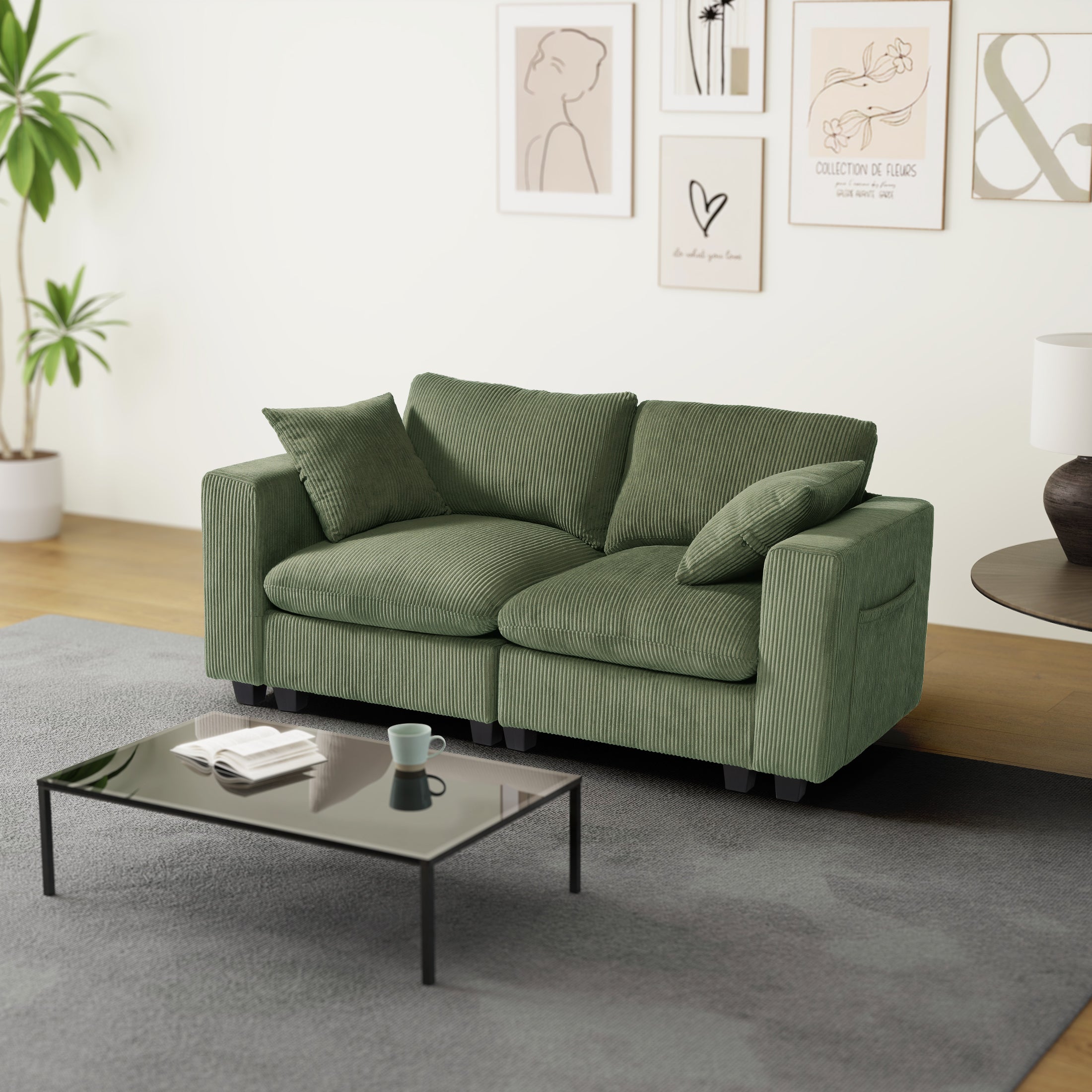 Ava 70" Modular Corduroy Loveseat Sofa With USB/Type-C Ports and Side Pockets