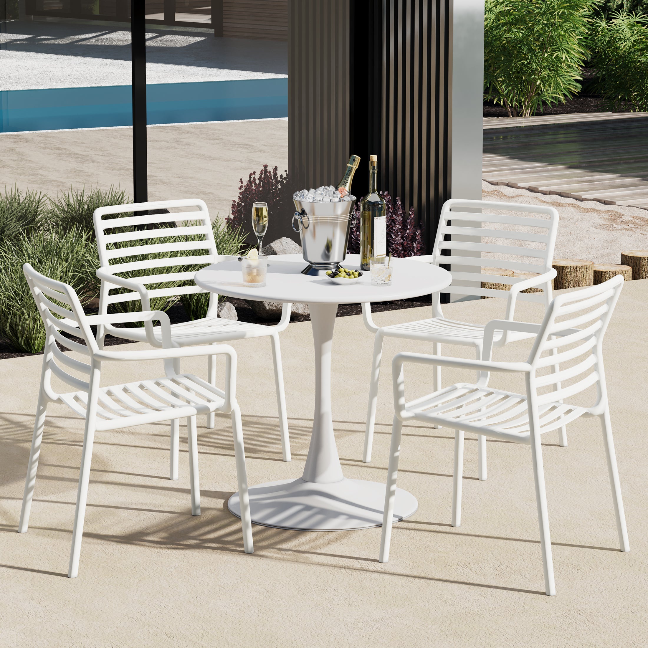 Sunshine 5-Piece Indoor Outdoor Metal Patio Dining Table Set With Stackable Plastic Patio Arm Chairs