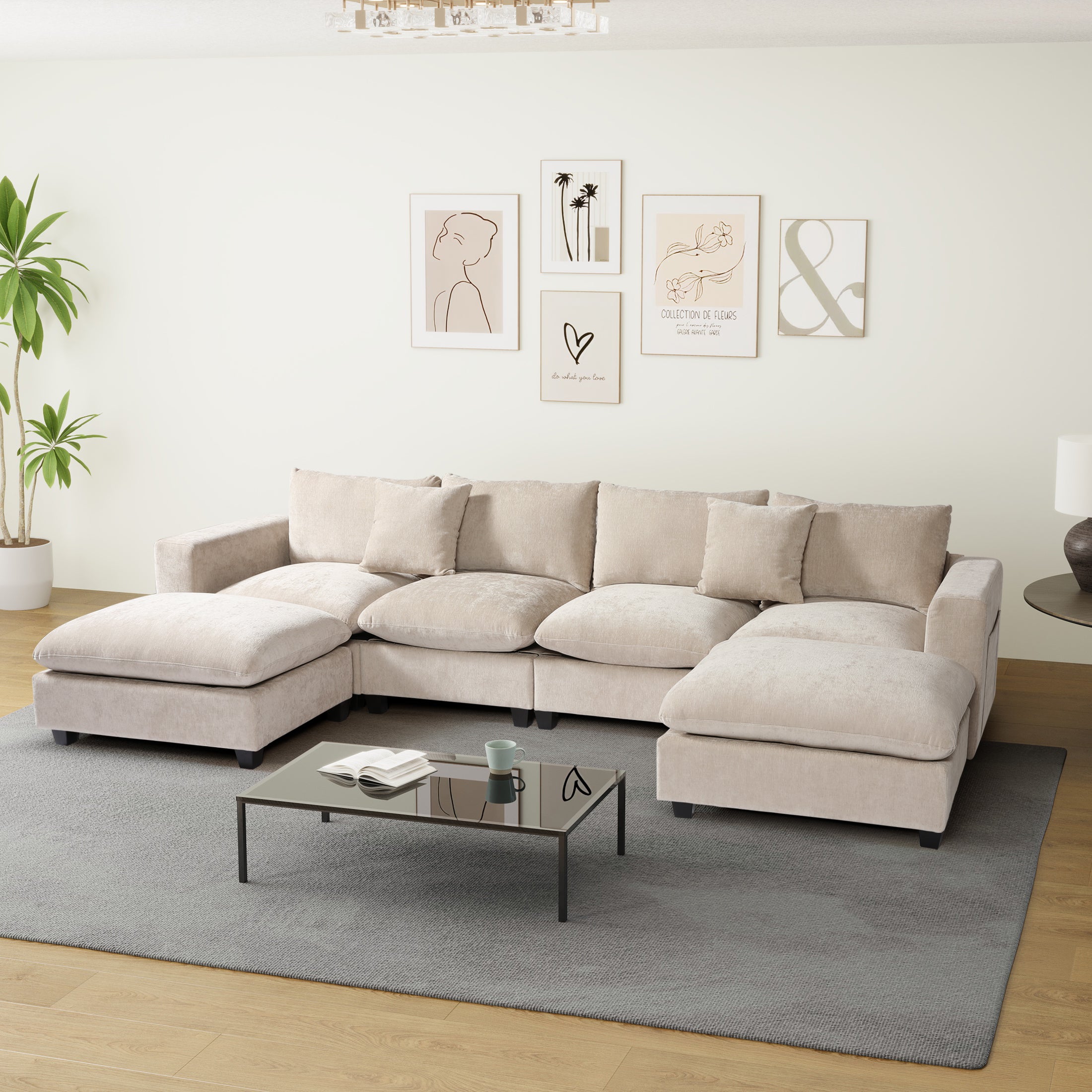 Springfield 128" Chenille Modular U-Shaped Sectional Couch and Chaise With USB/Type-C Ports and Side Pockets