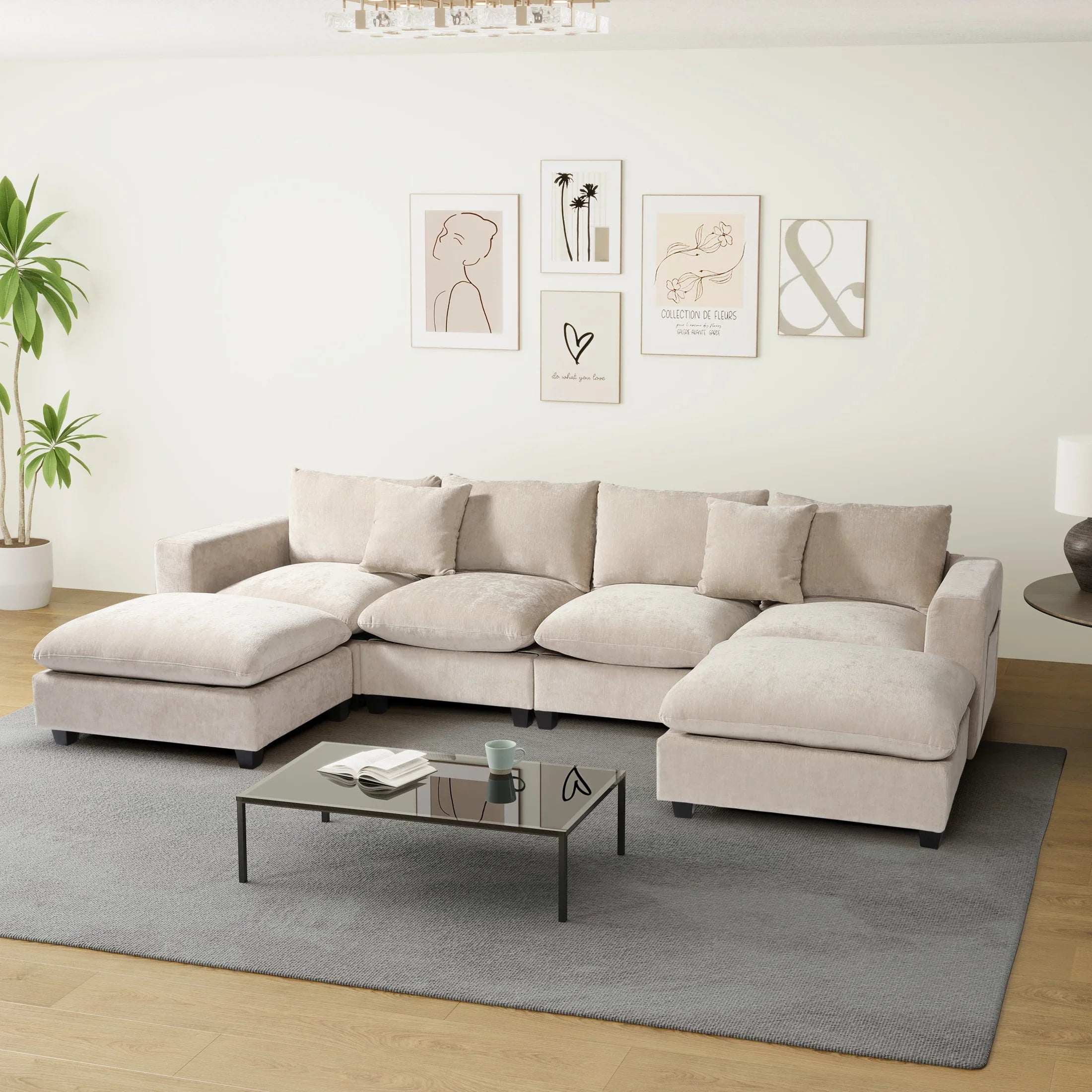 Springfield 128" Chenille Modular U-Shaped Sectional Couch and Chaise With USB/Type-C Ports and Side Pockets