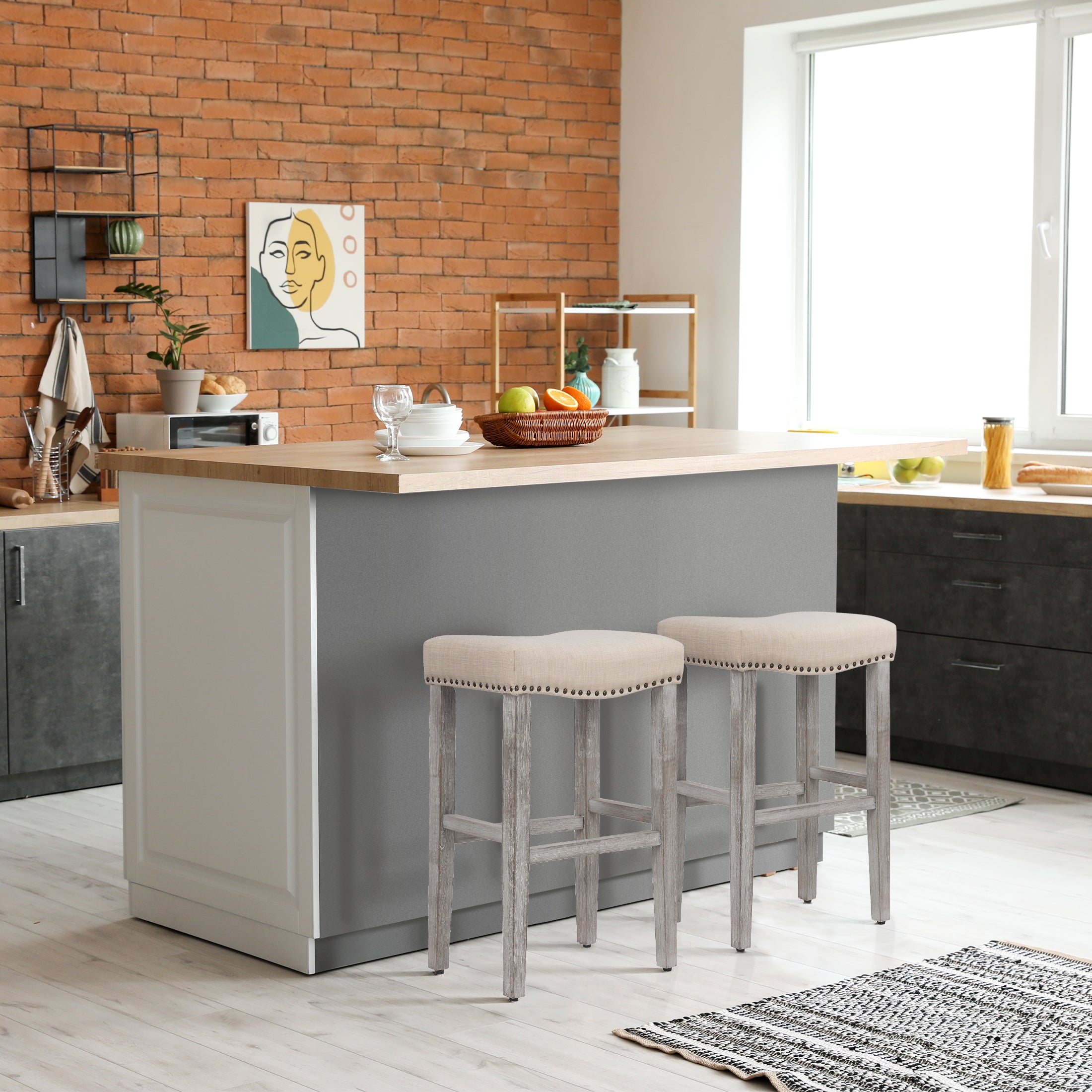 Bulmon 29" upholstered nail head bar counter stools with Antique Gray color legs (2 piece set)