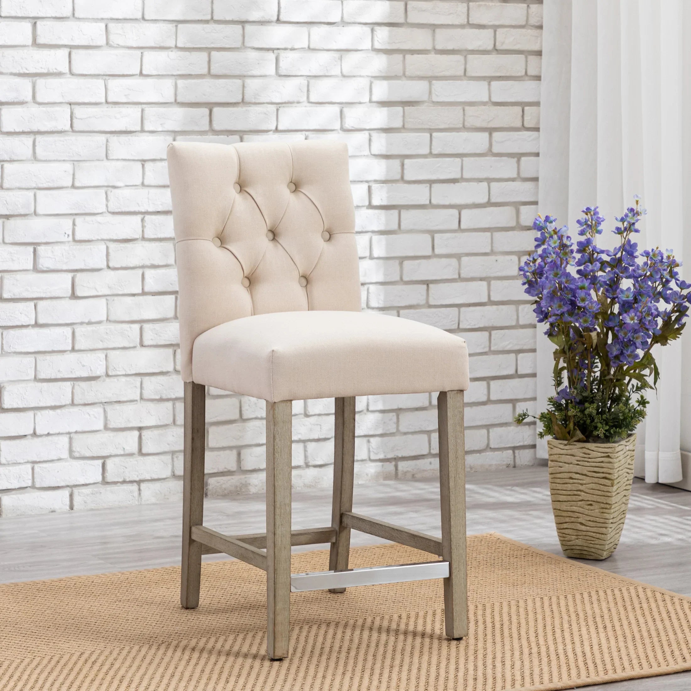 Bellmount 24" Linen Fabric Tufted Counter Stool,Antique Gray