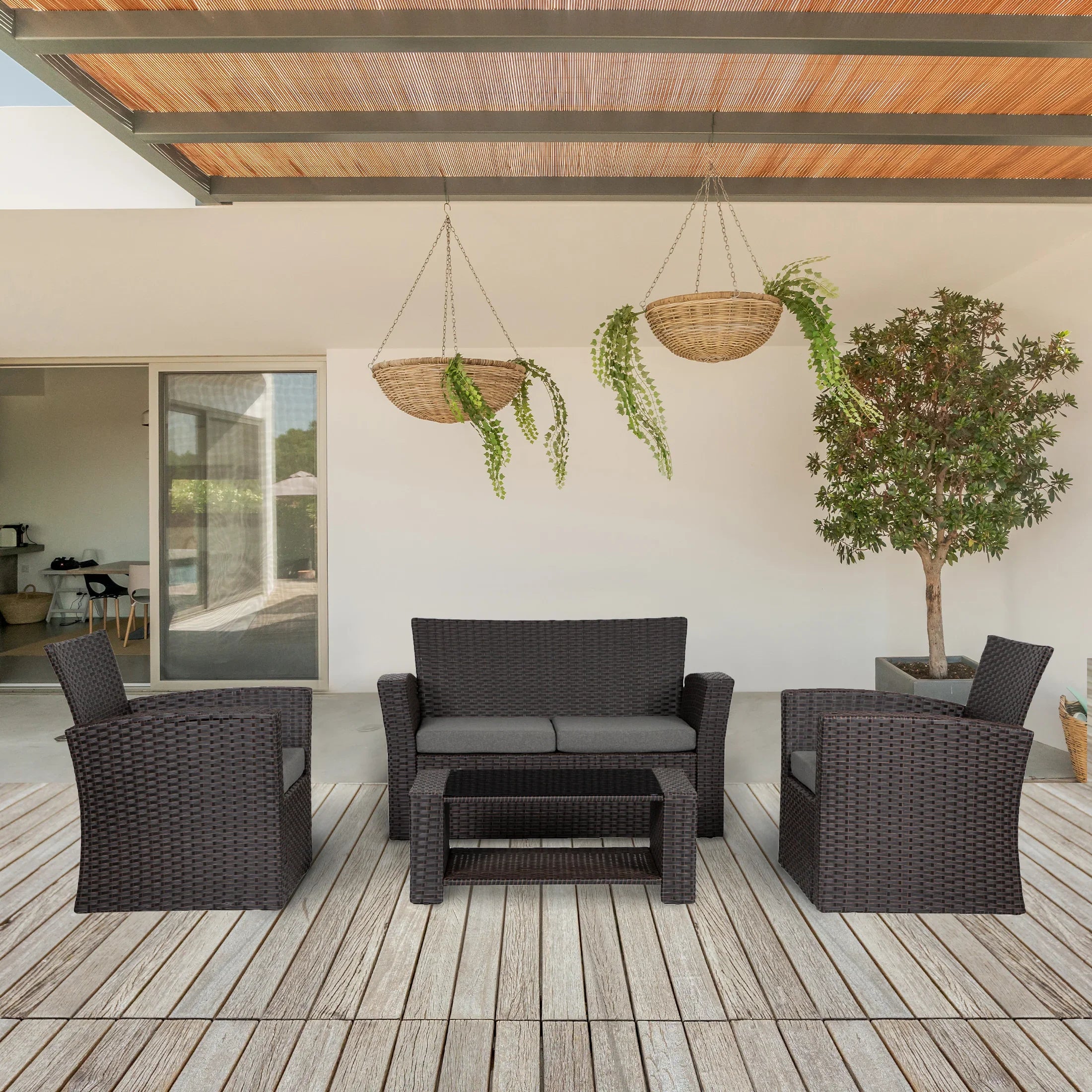Wynston 4-Piece set Chocolate color base Outdoor / Patio Wicker Rattan Conversation Sofa set with cushions and a Coffee table ( 4 seater )