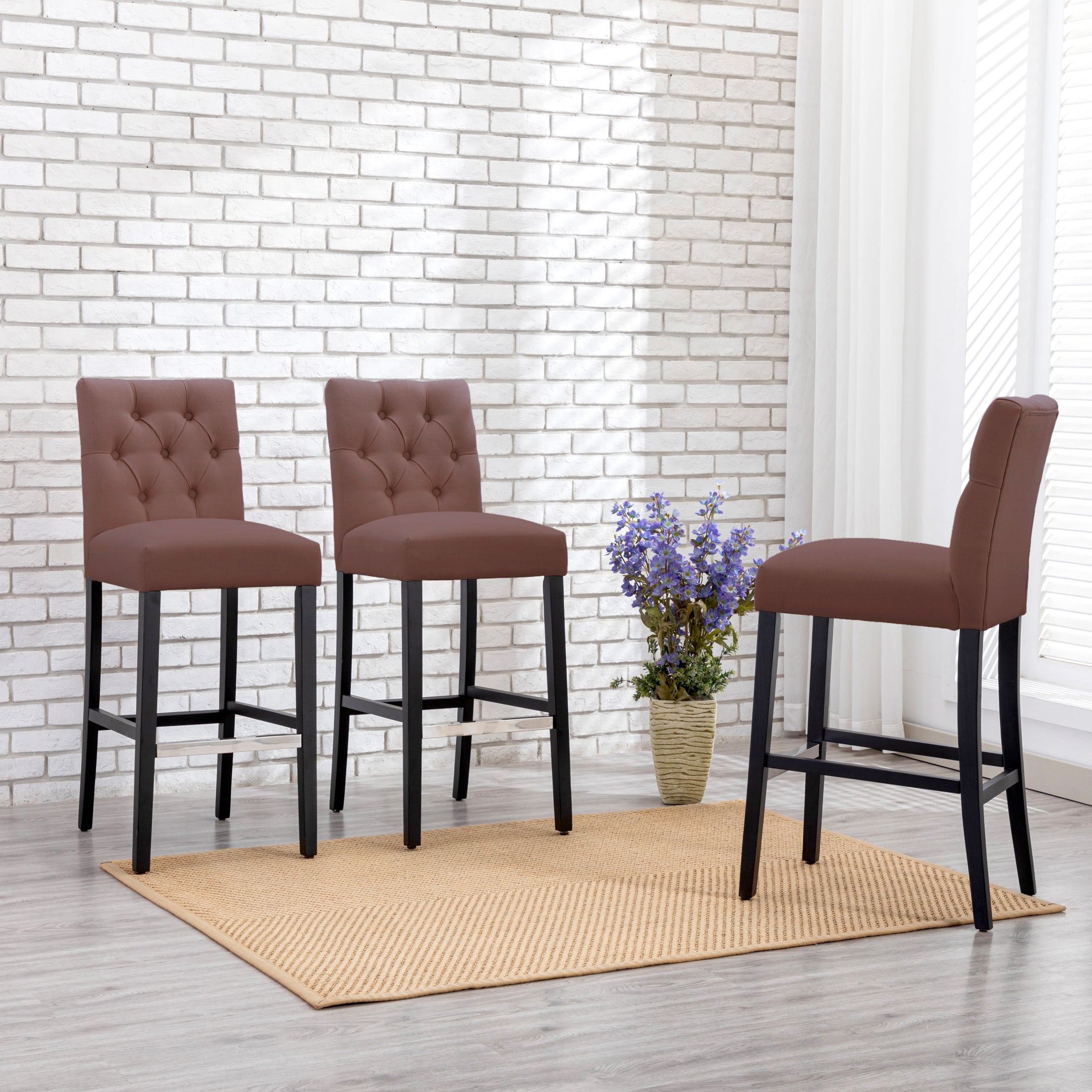Bellmount 29" Upholstered Wood Bar Stool with Tufted Back (Set of 3)
