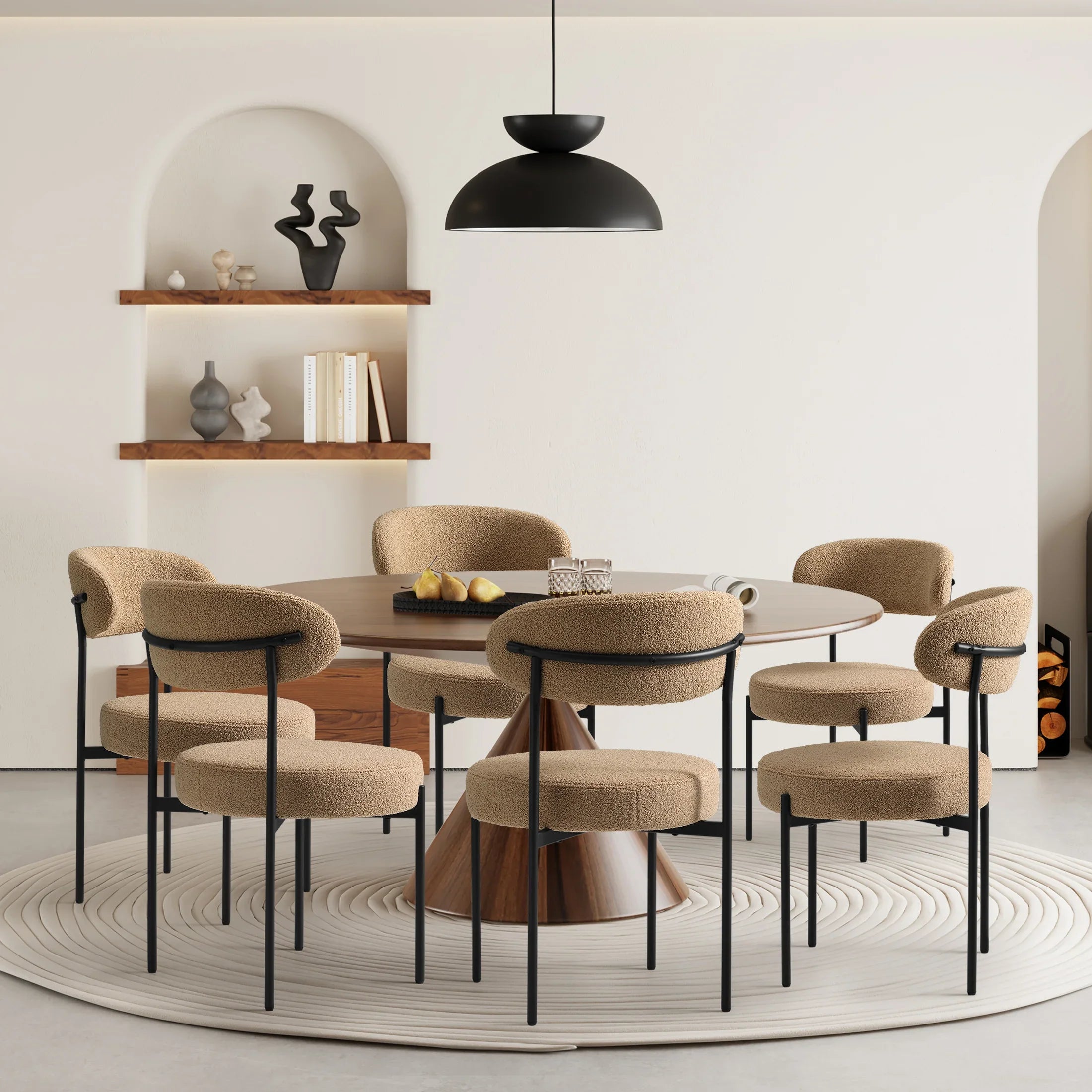 Celine Mid-Century Modern Upholstered Sherpa Round Dining Chairs (Set of 6)