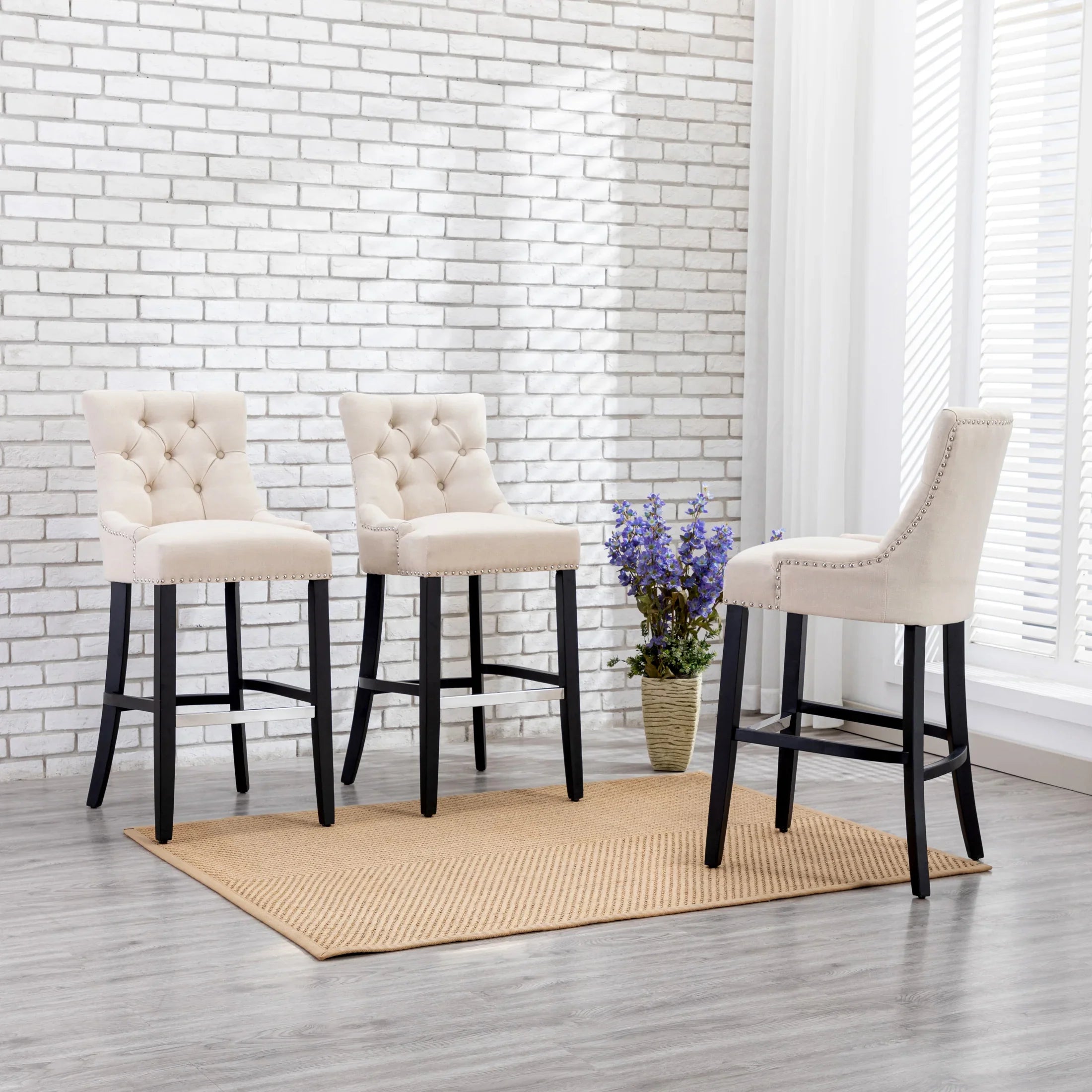 Bellmount 29" Upholstered Wood Bar Stool with Tufted Back (Set of 3)