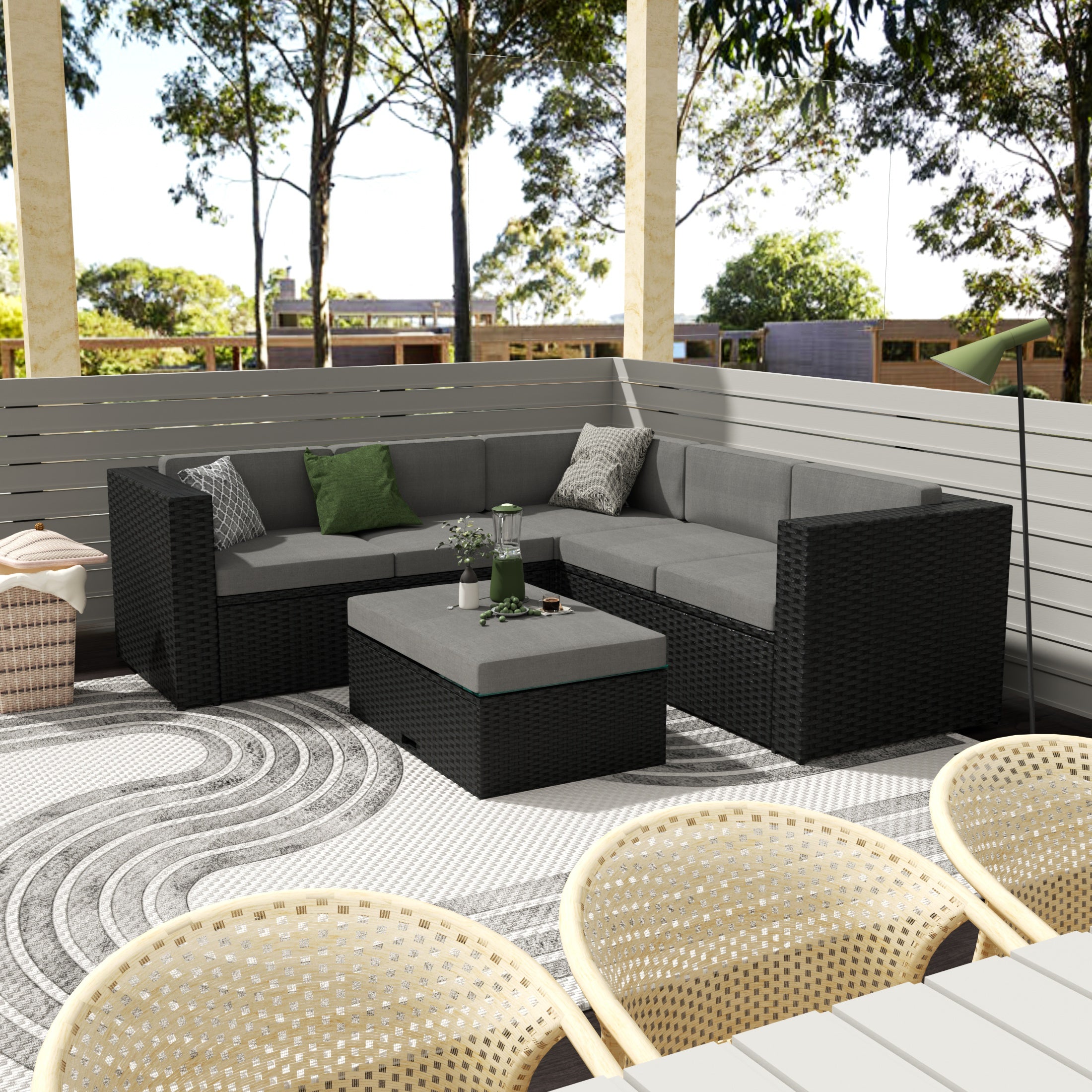 Stonewood 4-Piece set Black color base Outdoor / Patio Wicker Rattan Sectional Conversation Sofa set with cushions, throw pillows and a Coffee table ( 6 seater )