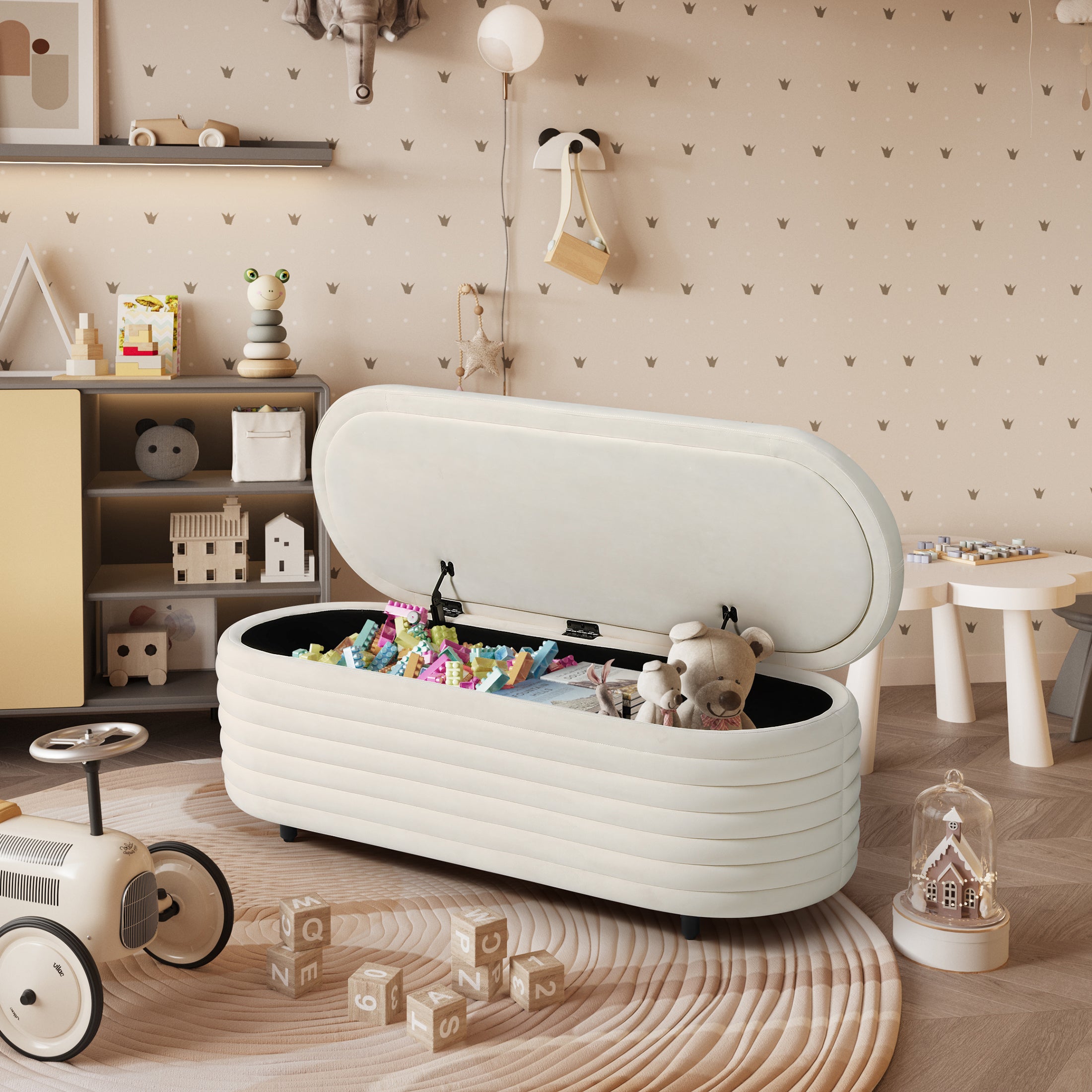 Alaia 54" Wide Mid-Century Modern Upholstered Velvet Tufted Oval Storage Ottoman Bench