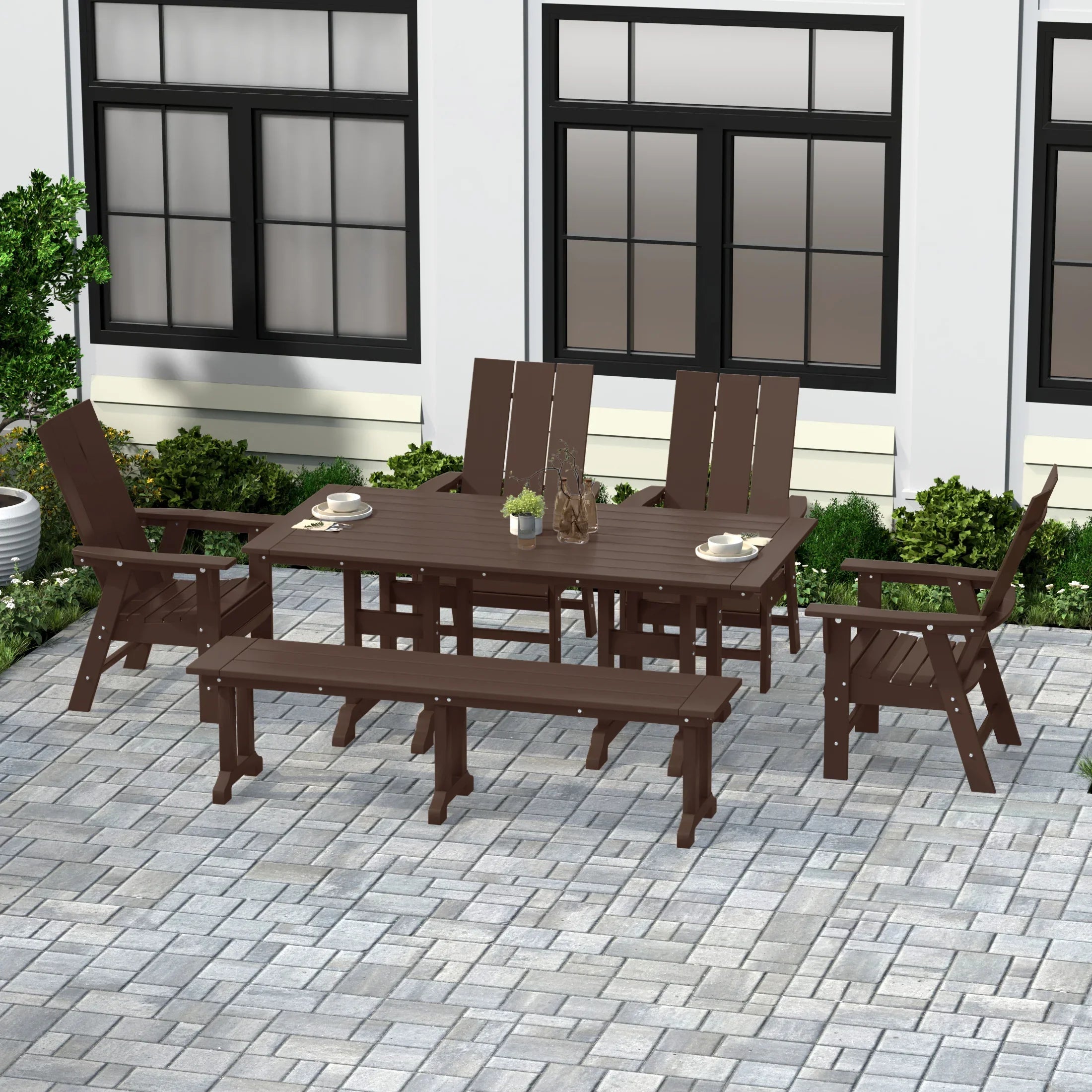 Palms 6 Piece Outdoor Patio Dining Table and Armchair Dining Bench Set