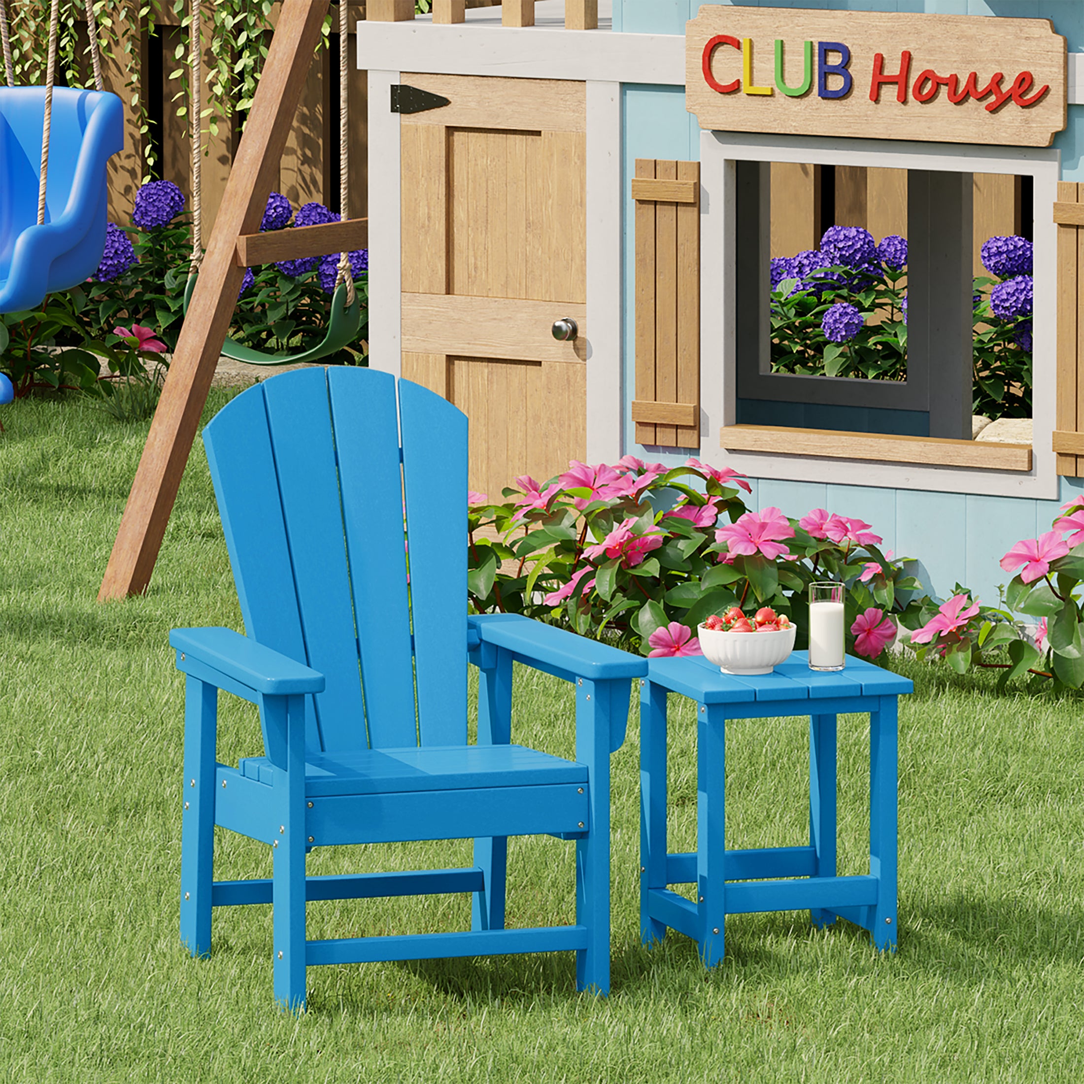Paradise 2-Piece Kids Outdoor HDPE Adirondack Chair With Square Side Table Set