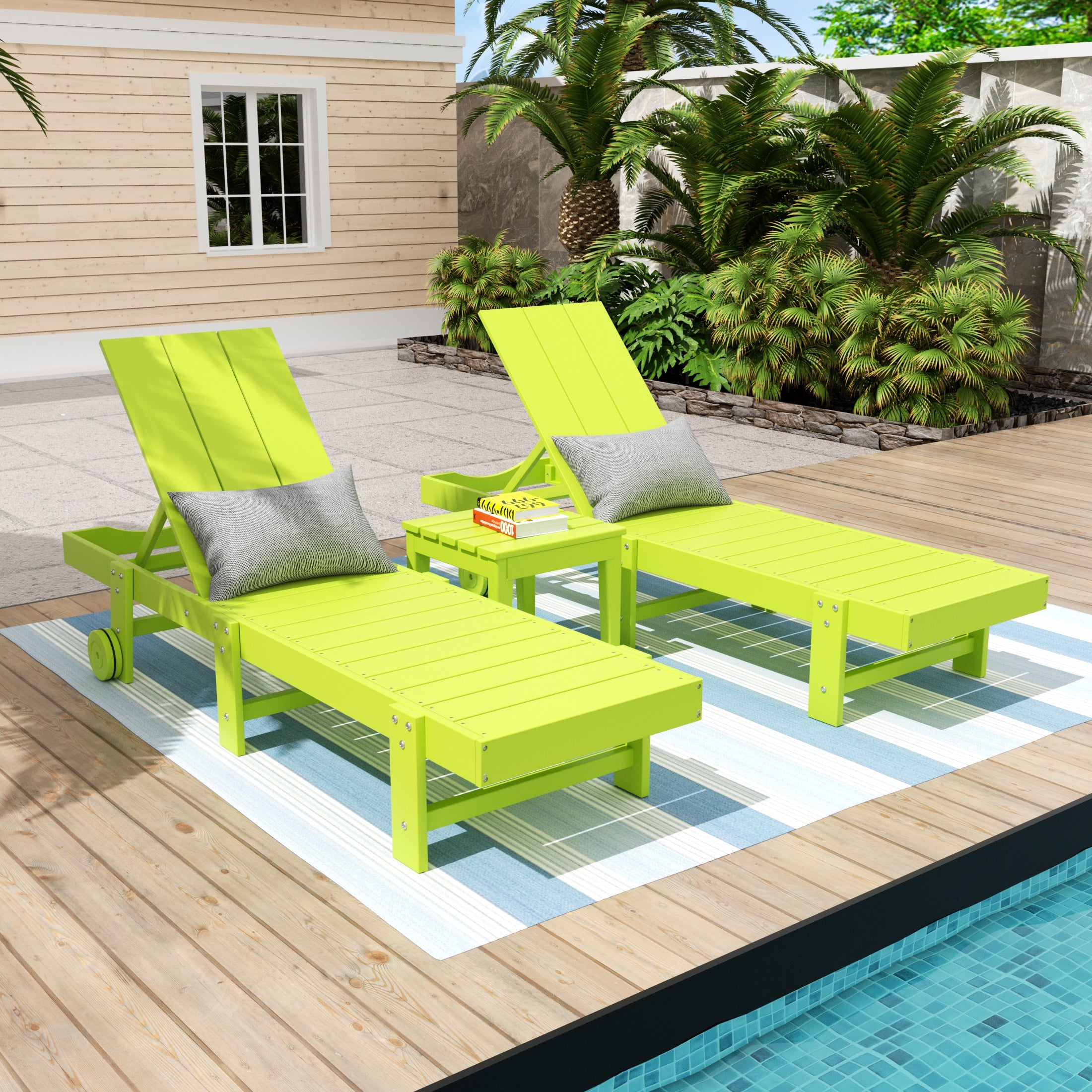 Palms 3 Piece Modern Poly Reclining Chaise Lounge With Wheels